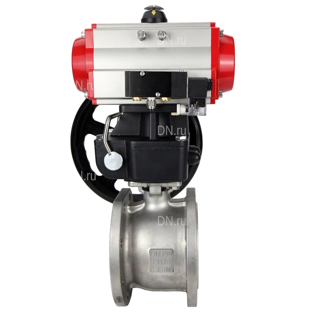 Изображение товара Кран шаровой DN.ru BV3232P-FP-Fb-ISO-H Ду25 Ру16, корпус - сталь 316, уплотнение - PTFE, полнопроходной, межфланцевый с пневмоприводом DN.ru PA-DA-065 двойного действия, ручным дублером MON1-250-T26-ISO и пневмораспределителем 4М310-08 24В NAMUR