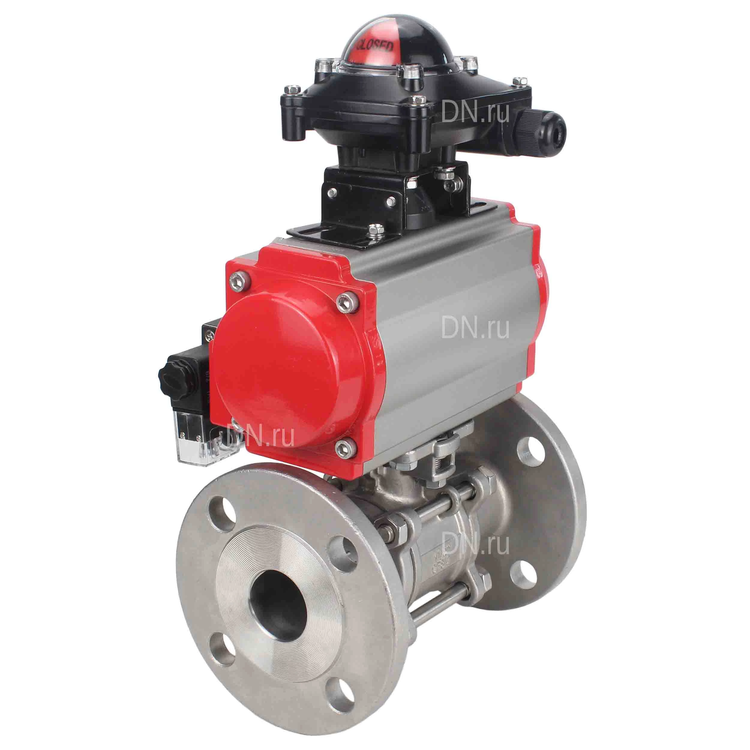 Изображение товара Кран шаровой DN.ru BV3232P(3pc)-FP-F-ISO-H Ду15 Ру40, трехсоставной полнопроходной фланцевый, нержавеющая сталь SS316, уплотнение - PTFE, с пневмоприводом PA-DA-052 двойного действия, с пневмораспределителем 4М310-08 220В NAMUR, с БКВ APL-210N