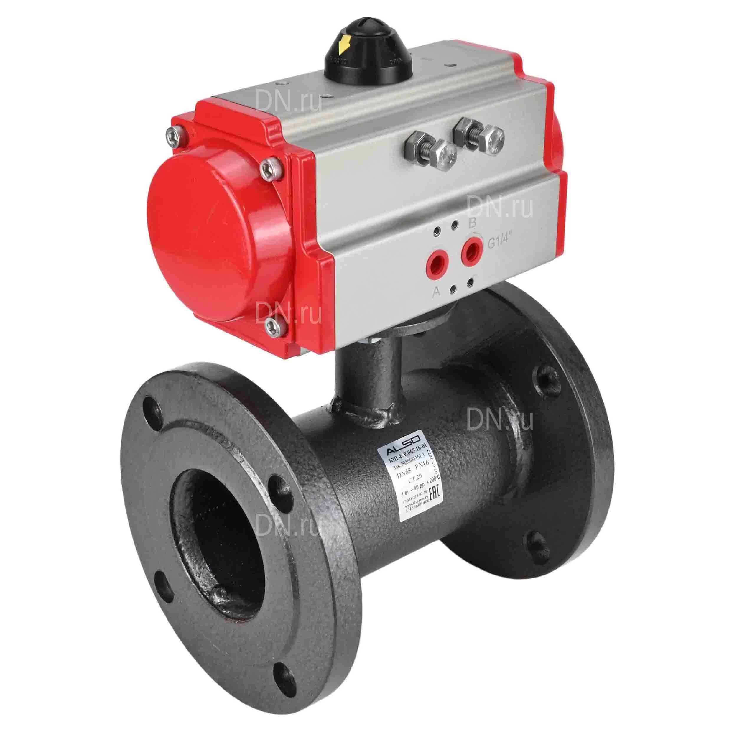 Изображение товара Кран шаровой ALSO КШ.Ф.Р.025.40-01 Ду25 Ру40 стандартнопроходной, фланцевый, углеродистая сталь 20, уплотнение - PTFE, управление - пневмопривод DN.ru PA-DA-052