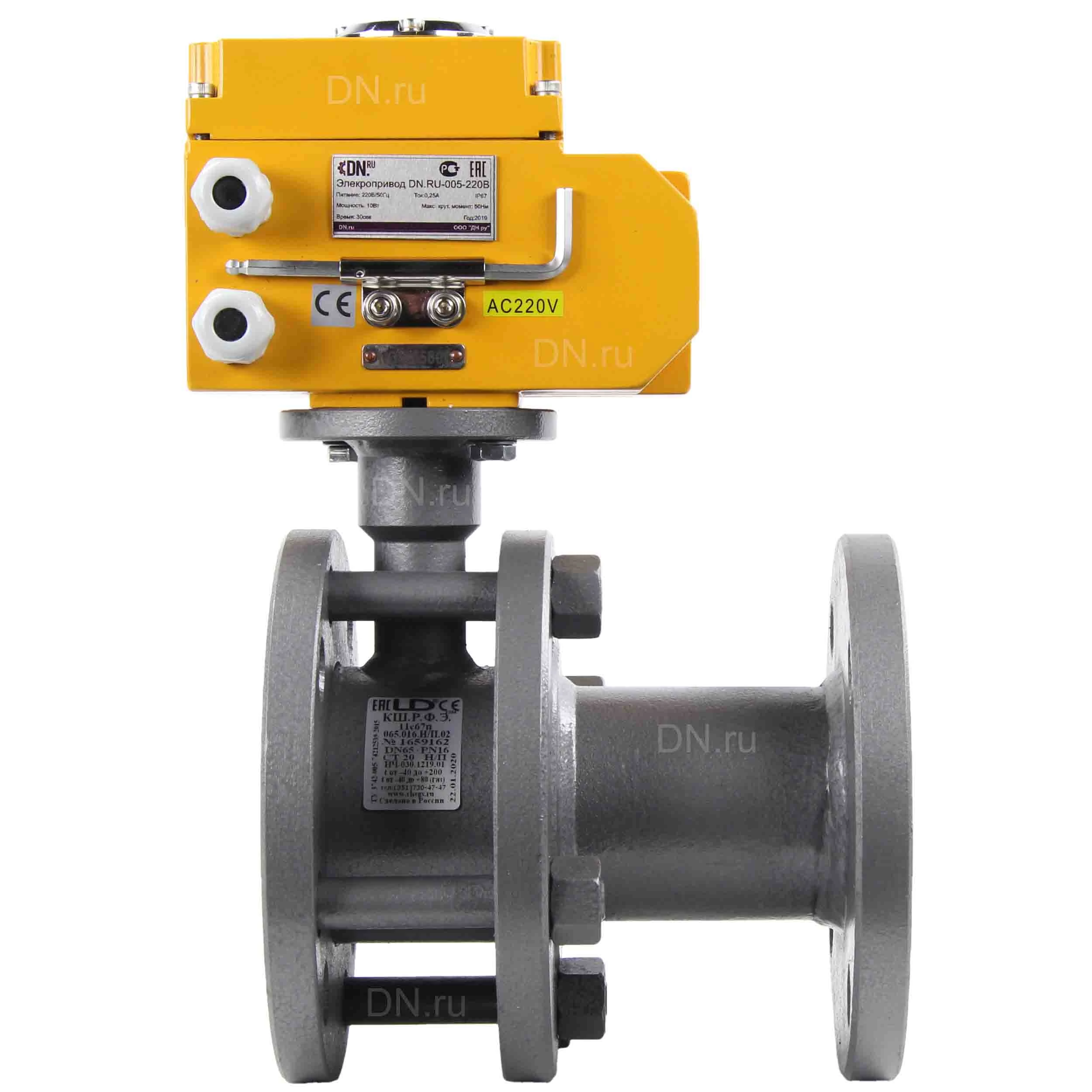 Изображение товара Кран шаровой LD КШ.Р.Ф.Э.065.016.Н/П.02 Ду65 Ру16 стандартнопроходной, двухходовой, углеродистая сталь 20, уплотнение - PTFE, фланцевый, с электроприводом DN.ru-015 220В