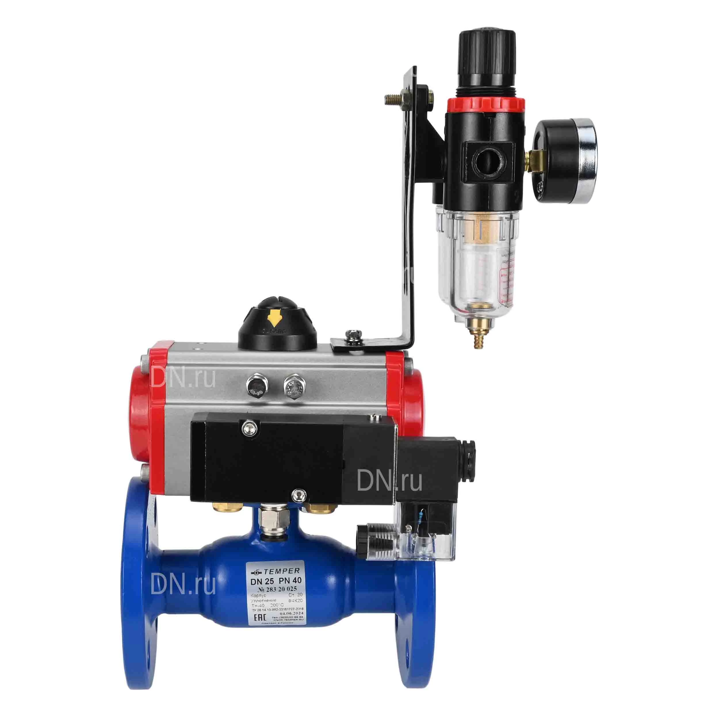 Изображение товара Кран шаровой Temper Ду40 Ру40 стандартнопроходной, двухходовой, углеродистая сталь 20, уплотнение - PTFE, фланцевый, с пневмоприводом DN.ru DA-065 двойного действия, пневмораспределителем 4M310-08 220В и БПВ AFC2000