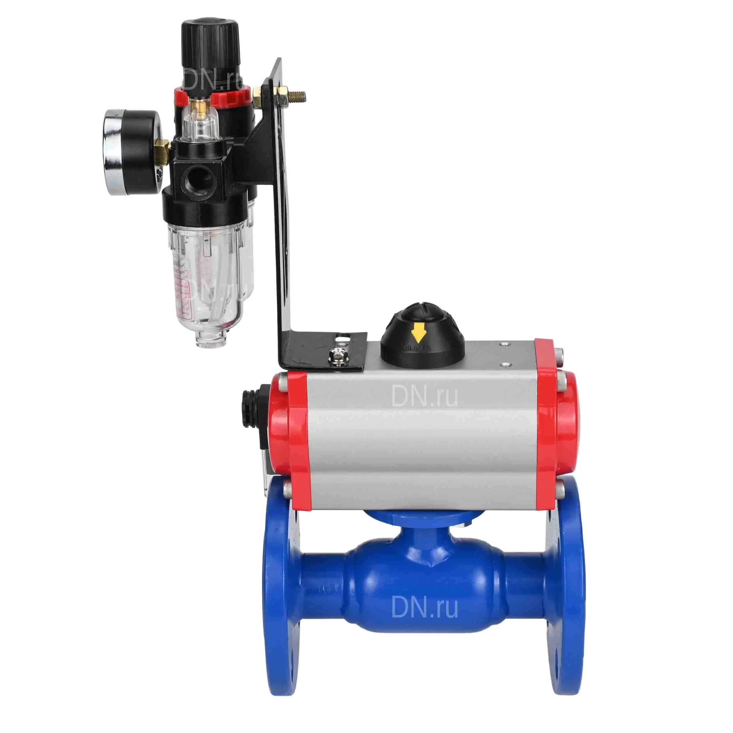 Изображение товара Кран шаровой Temper Ду32 Ру40 стандартнопроходной, двухходовой, углеродистая сталь 20, уплотнение - PTFE, фланцевый, с пневмоприводом DN.ru DA-065 двойного действия, пневмораспределителем 4M310-08 220В и БПВ AFC2000