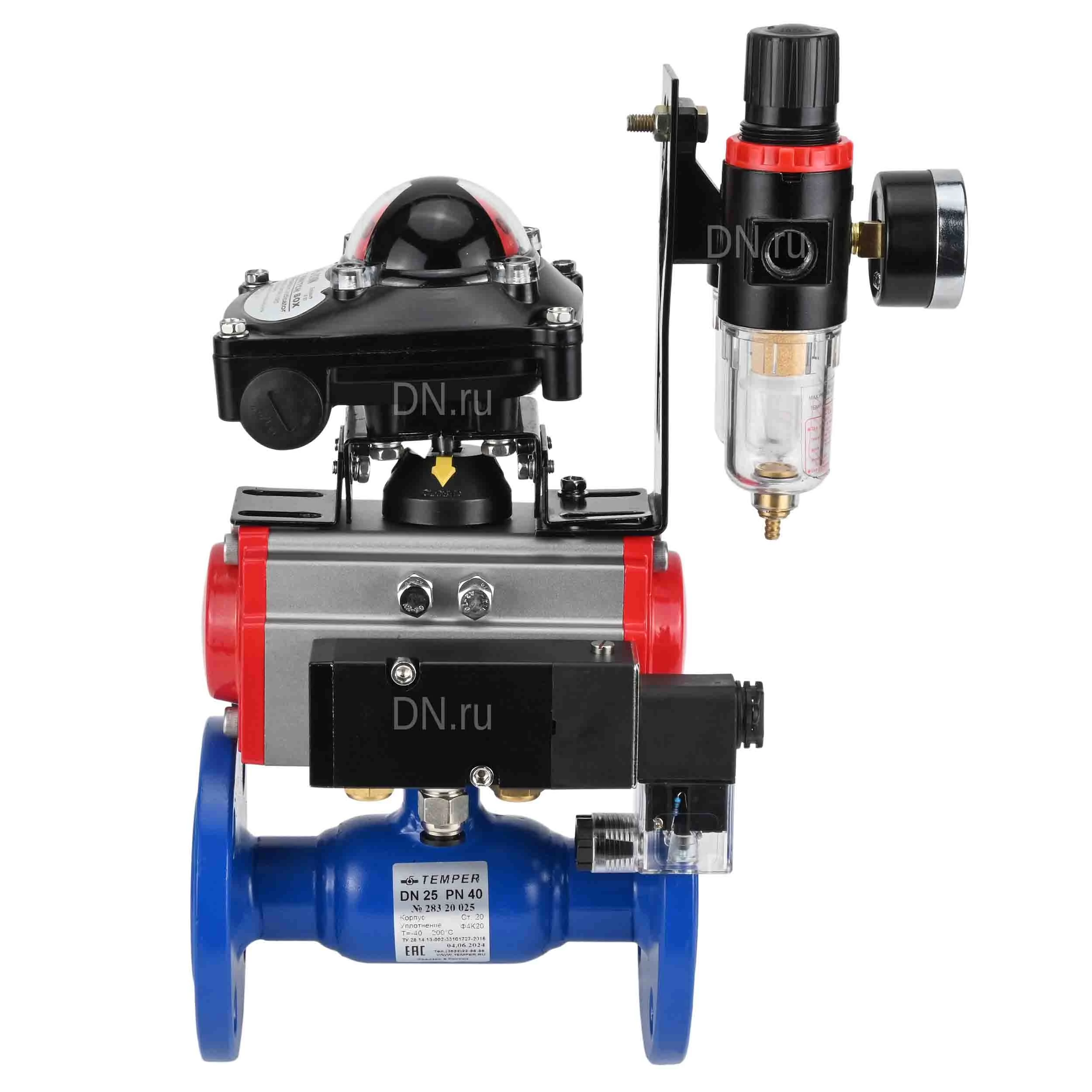 Изображение товара Кран шаровой Temper 383 Ду32 Ру40 стандартнопроходной, двухходовой, углеродистая сталь 20, уплотнение - PTFE, фланцевый, с пневмоприводом DN.ru DA-065 двойного действия, пневмораспределителем 4M310-08 220В, БКВ APL-210N и БПВ AFC2000