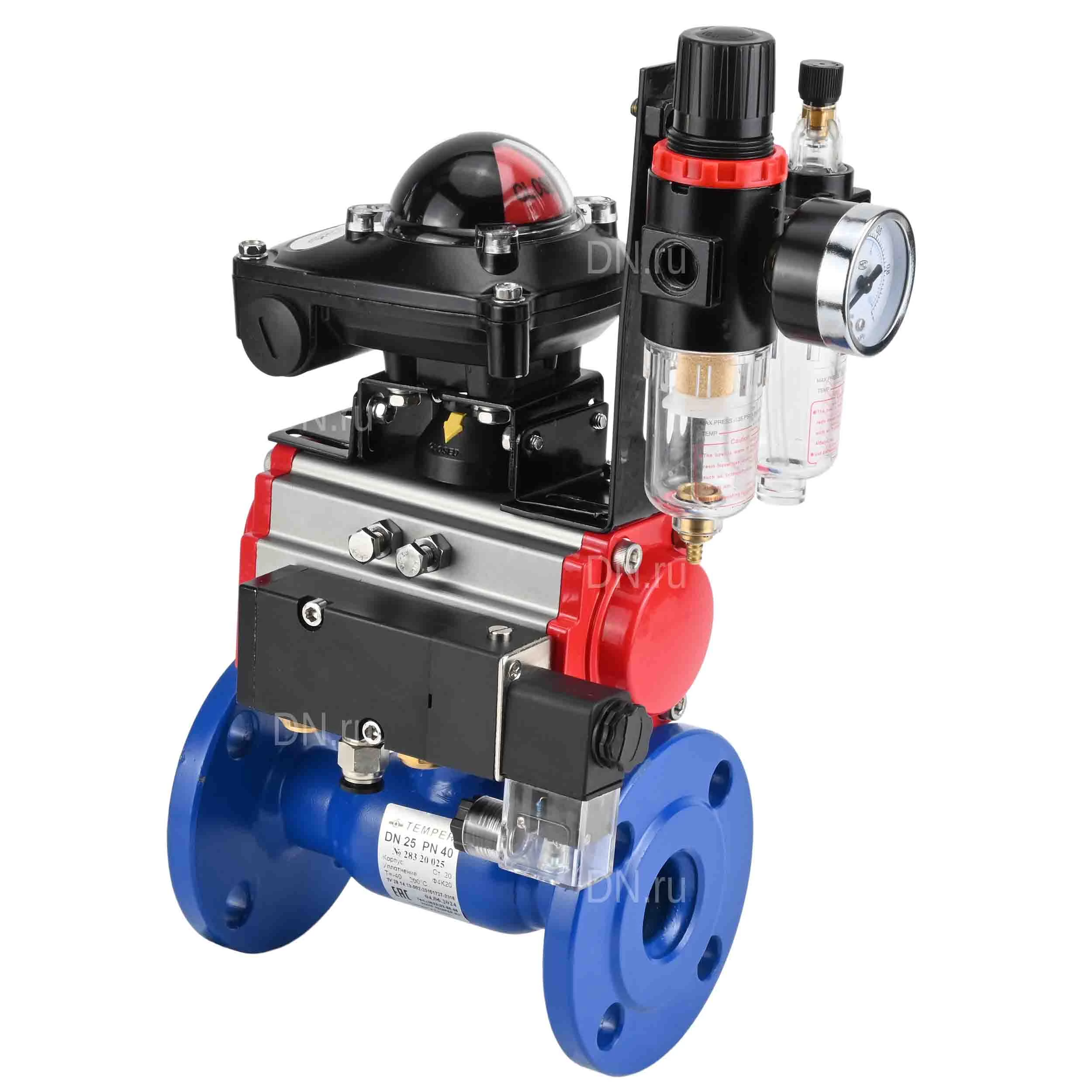 Изображение товара Кран шаровой Temper 383 Ду25 Ру40 стандартнопроходной, двухходовой, углеродистая сталь 20, уплотнение - PTFE, фланцевый, с пневмоприводом DN.ru DA-052 двойного действия, пневмораспределителем 4M310-08 220В, БКВ APL-210N и БПВ AFC2000