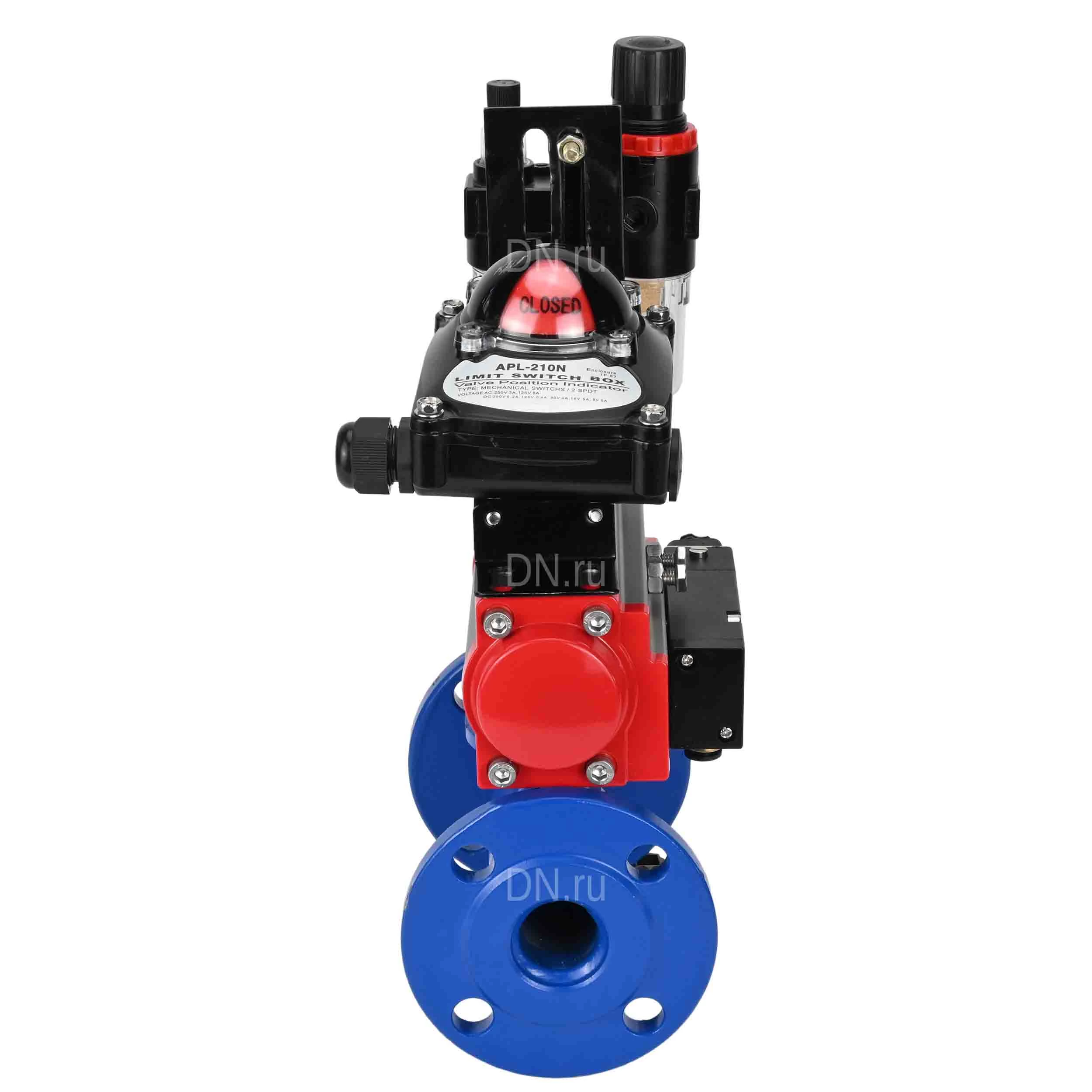 Изображение товара Кран шаровой Temper 386 Ду25 Ру40 стандартнопроходной, двухходовой, углеродистая сталь 20, уплотнение - PTFE, фланцевый, с пневмоприводом DN.ru DA-052 двойного действия, пневмораспределителем 4M310-08 24В, БКВ APL-210N и БПВ AFC2000