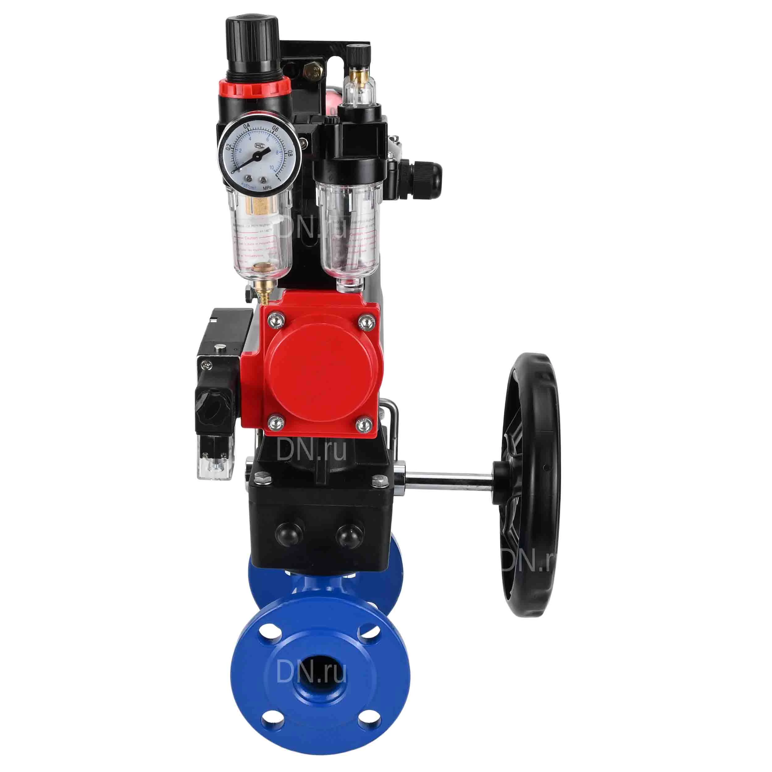 Изображение товара Кран шаровой Temper 382 Ду40 Ру40 стандартнопроходной, двухходовой, сталь 20, уплотнение - PTFE, фланцевый, с пневмоприводом DN.ru DA-065 двойного действия, пневмораспределителем 4М310-08 220В NAMUR, БКВ APL-210N ручным дублером HDM-1 и БПВ AFC2000