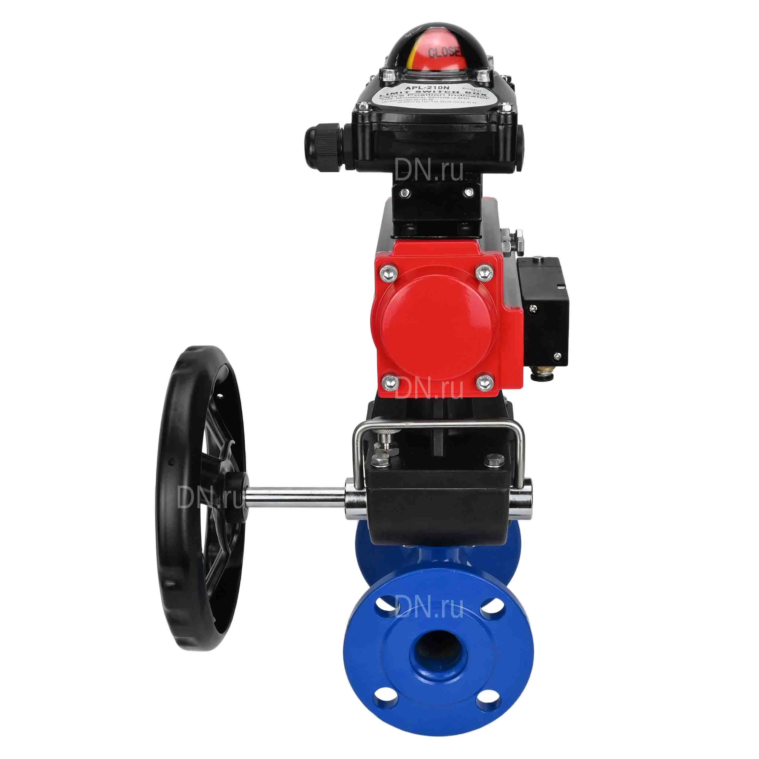 Изображение товара Кран шаровой Temper 294 Ду65 Ру16 стандартнопроходной, двухходовой, углеродистая сталь 20, уплотнение - PTFE, фланцевый, с пневмоприводом DN.ru DA-083 двойного действия, пневмораспределителем 4М310-08 220В NAMUR, БКВ APL-210N и ручным дублером HDM-2