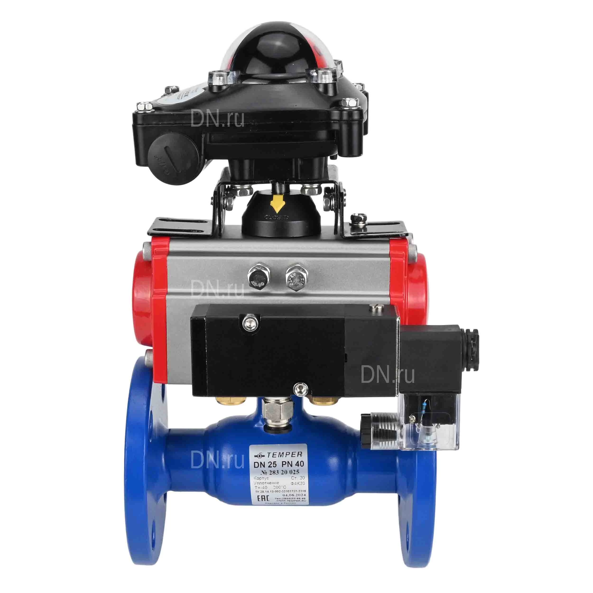 Изображение товара Кран шаровой Temper 293 Ду32 Ру40 стандартнопроходной, двухходовой, углеродистая сталь 20, уплотнение - PTFE, фланцевый, с пневмоприводом DN.ru DA-065 двойного действия, пневмораспределителем 4M310-08 24В, БКВ APL-210N