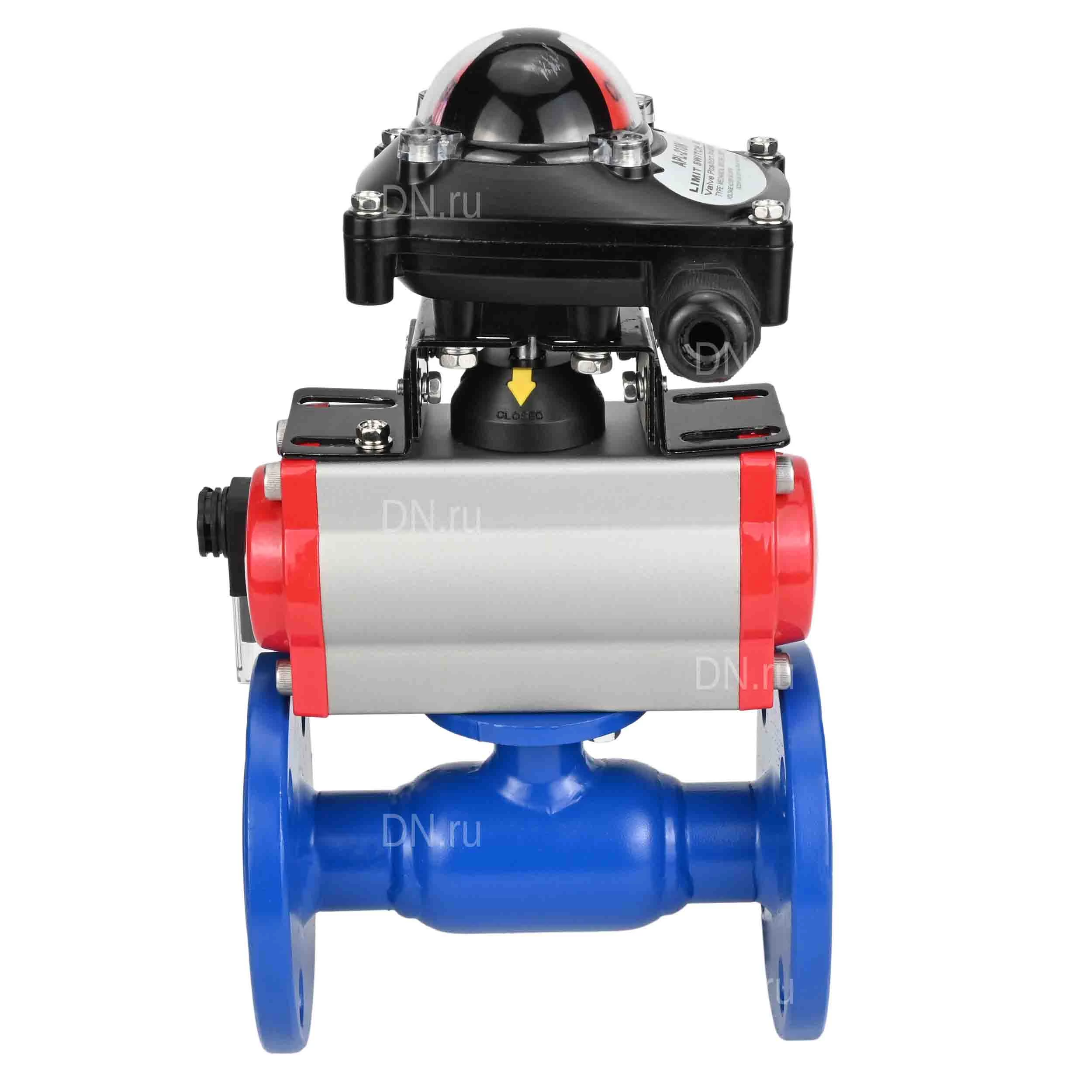 Изображение товара Кран шаровой Temper 293 Ду25 Ру40 стандартнопроходной, двухходовой, углеродистая сталь 20, уплотнение - PTFE, фланцевый, с пневмоприводом DN.ru SA-083-10 с возвратными пружинами, пневмораспределителем 4M310-08 220В, БКВ APL-210N