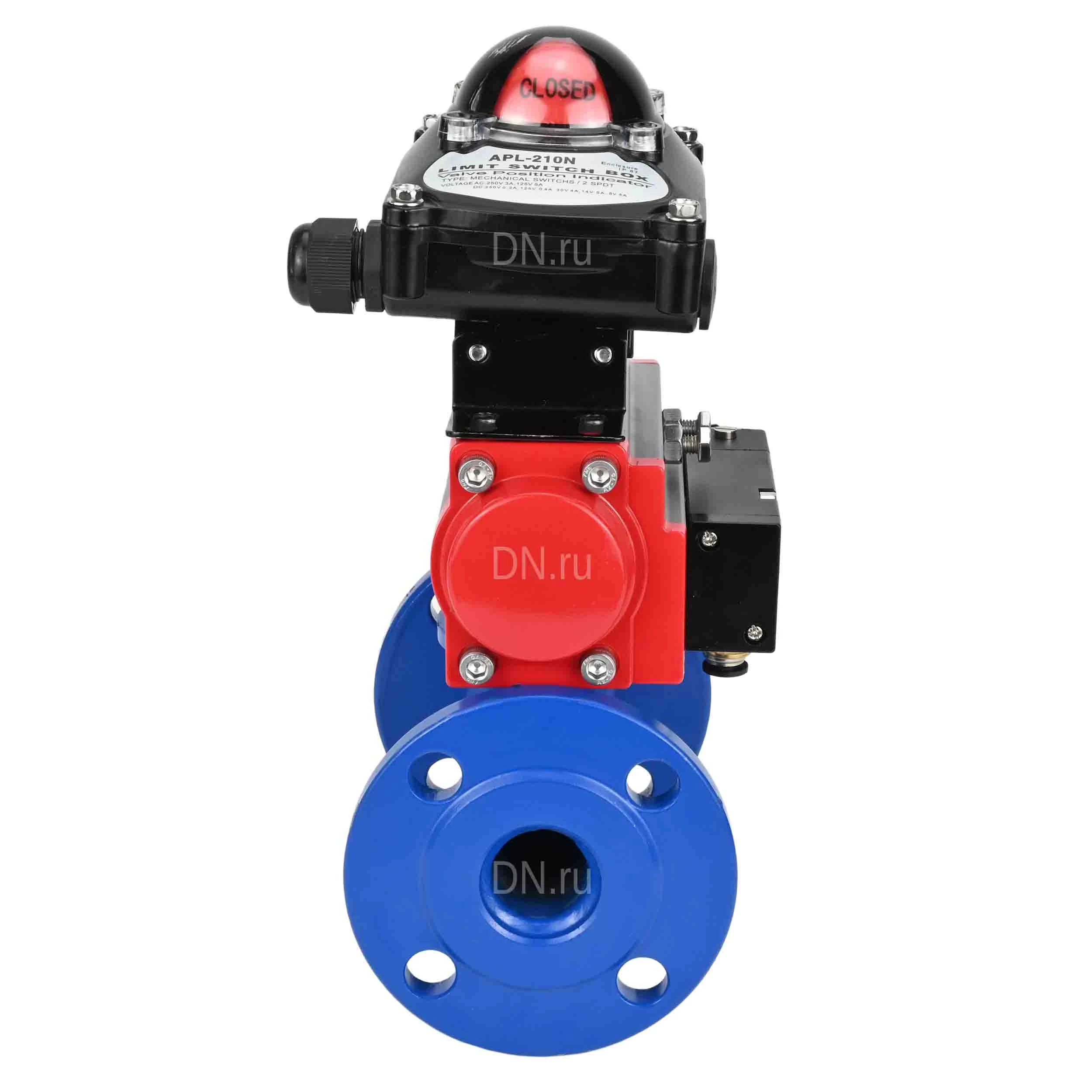 Изображение товара Кран шаровой Temper 293 Ду32 Ру40 стандартнопроходной, двухходовой, углеродистая сталь 20, уплотнение - PTFE, фланцевый, с пневмоприводом DN.ru SA-083-10 с возвратными пружинами, пневмораспределителем 4M310-08 220В, БКВ APL-210N