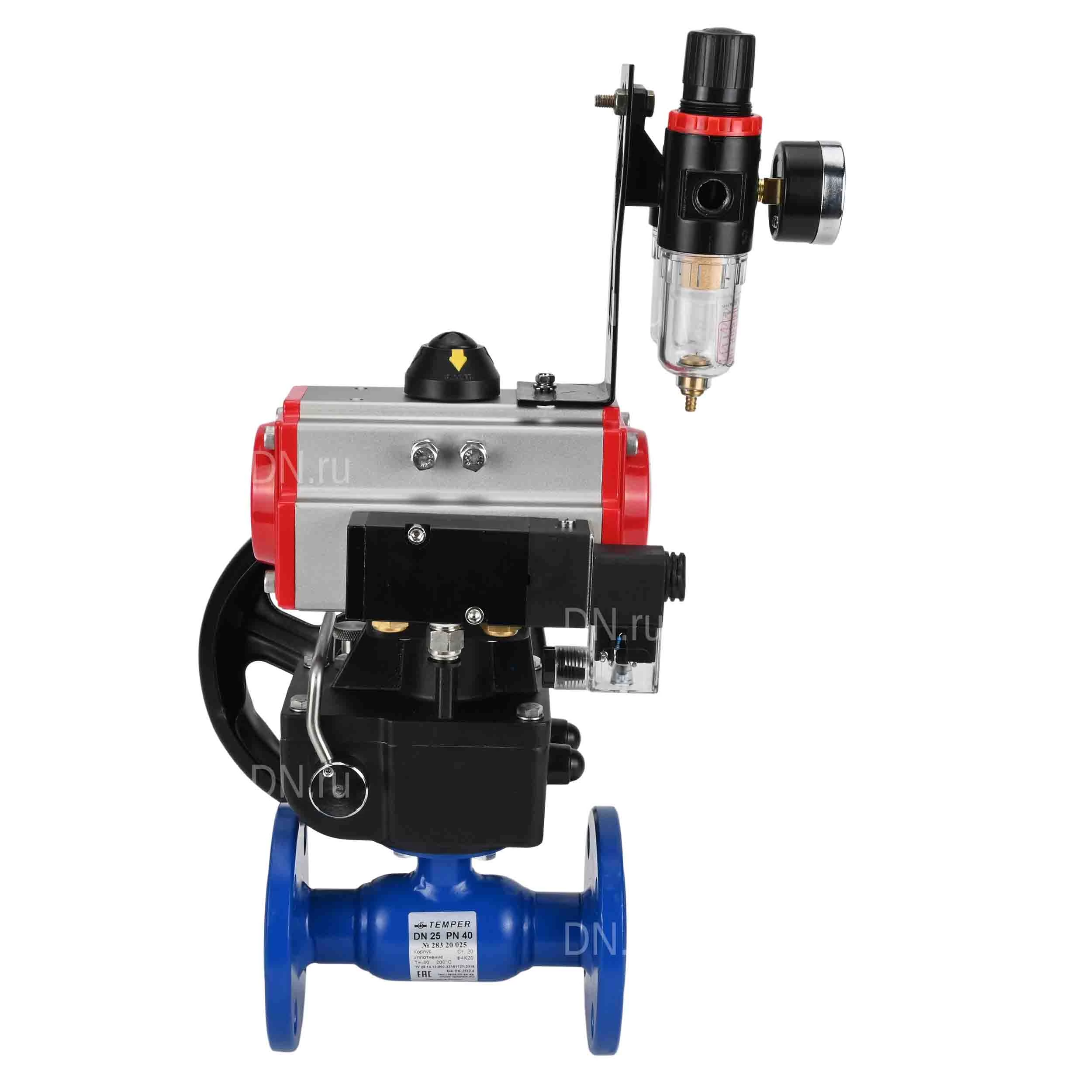 Изображение товара Кран шаровой Temper 393 Ду40 Ру40 стандартнопроходной, двухходовой, углеродистая сталь 20, уплотнение - PTFE, фланцевый, с пневмоприводом DN.ru DA-065 двойного действия, пневмораспределителем 4М310-08 220В NAMUR, ручным дублером HDM-1 и БПВ AFC2000