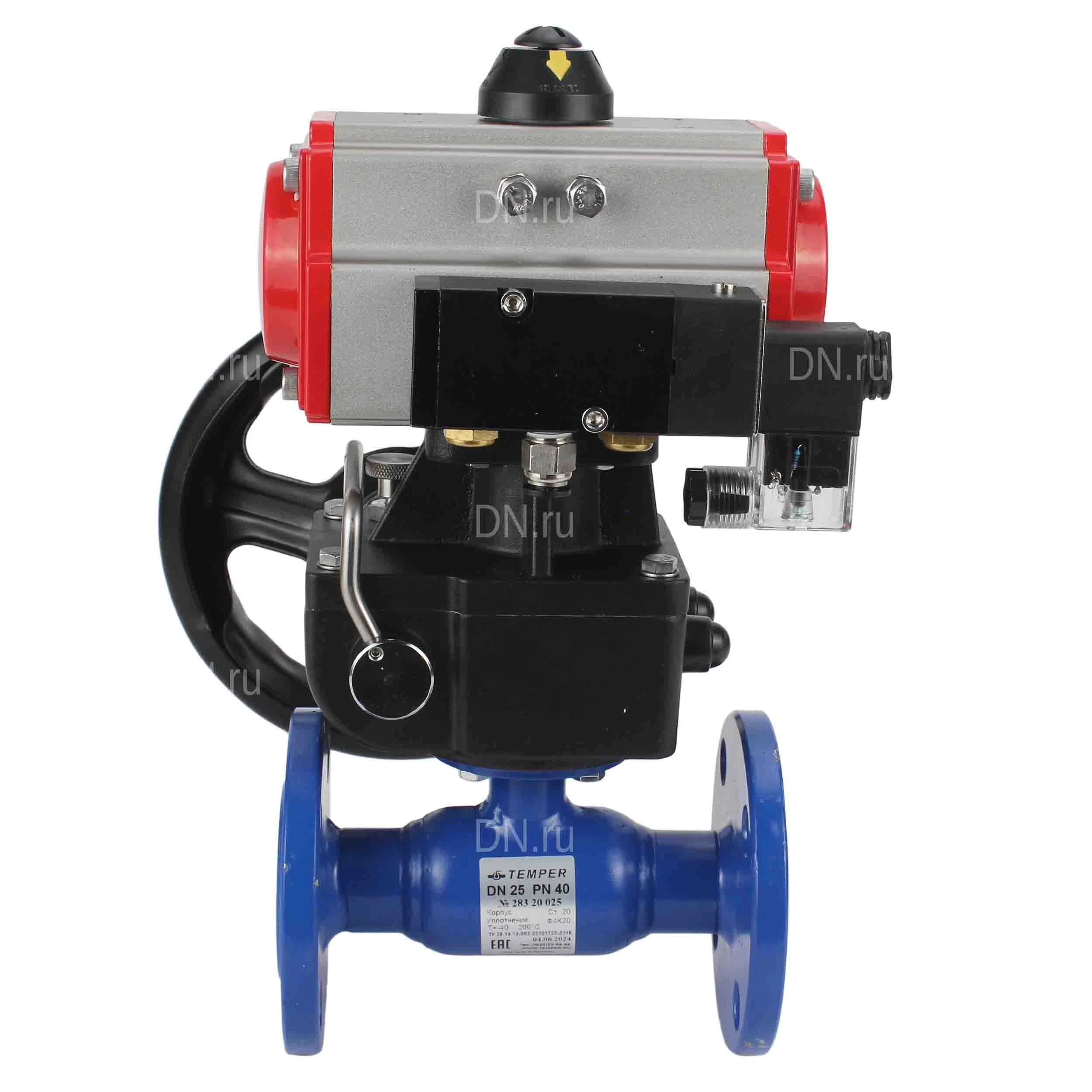 Изображение товара Кран шаровой Temper 680 Ду32 Ру40 стандартнопроходной, двухходовой, углеродистая сталь 20, уплотнение - PTFE, фланцевый, с пневмоприводом DN.ru DA-065 двойного действия, пневмораспределителем 4M310-08 220В и ручным дублером HDM-1