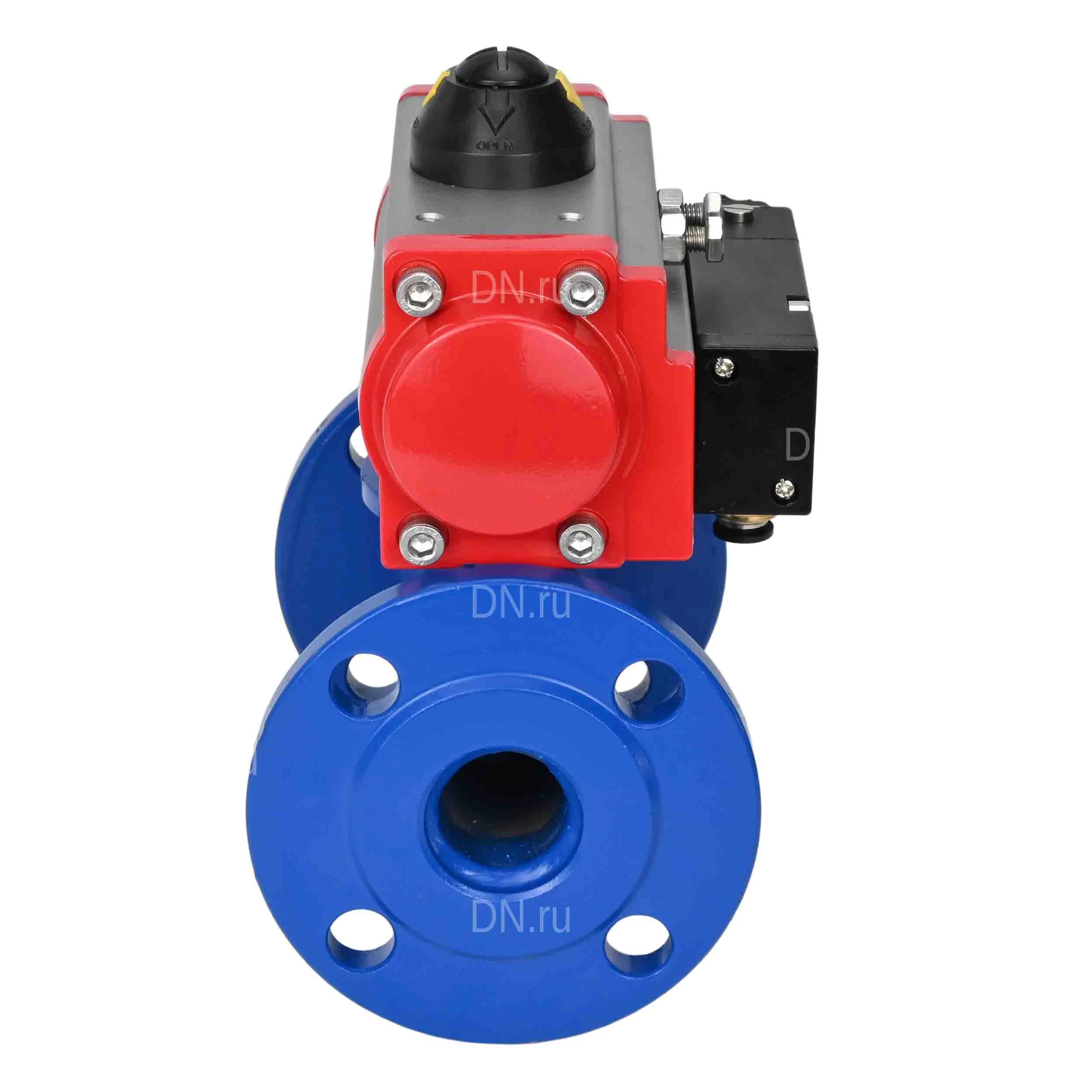 Изображение товара Кран шаровой Temper 285 Ду32 Ру40 стандартнопроходной, двухходовой, углеродистая сталь 20, уплотнение - PTFE, фланцевый, с пневмоприводом DN.ru DA-065 двойного действия и пневмораспределителем 4M310-08 220В