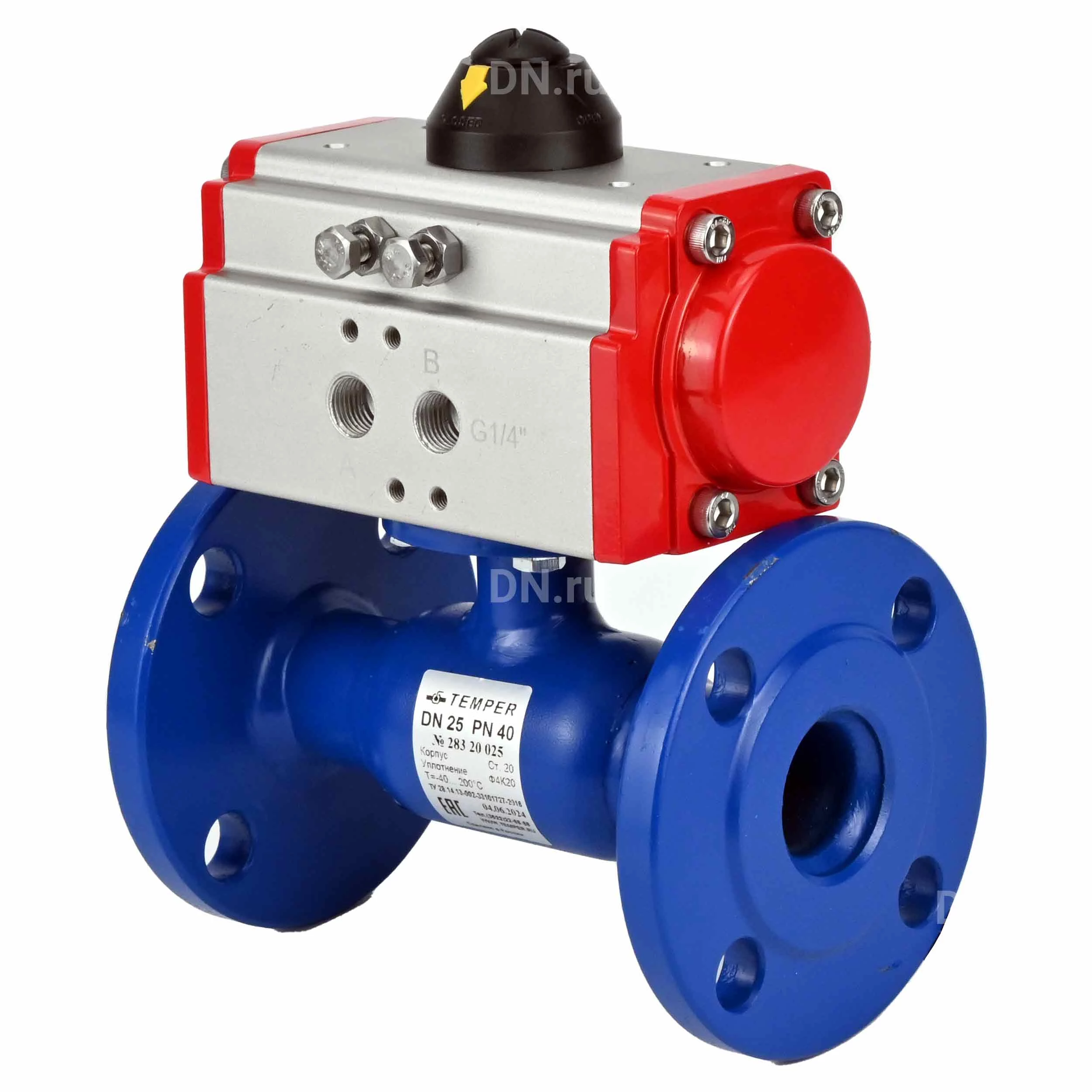 Изображение товара Кран шаровой Temper 283 Ду32 Ру40 стандартнопроходной, двухходовой, углеродистая сталь 20, уплотнение - PTFE, фланцевый, с пневмоприводом DN.ru DA-065 двойного действия