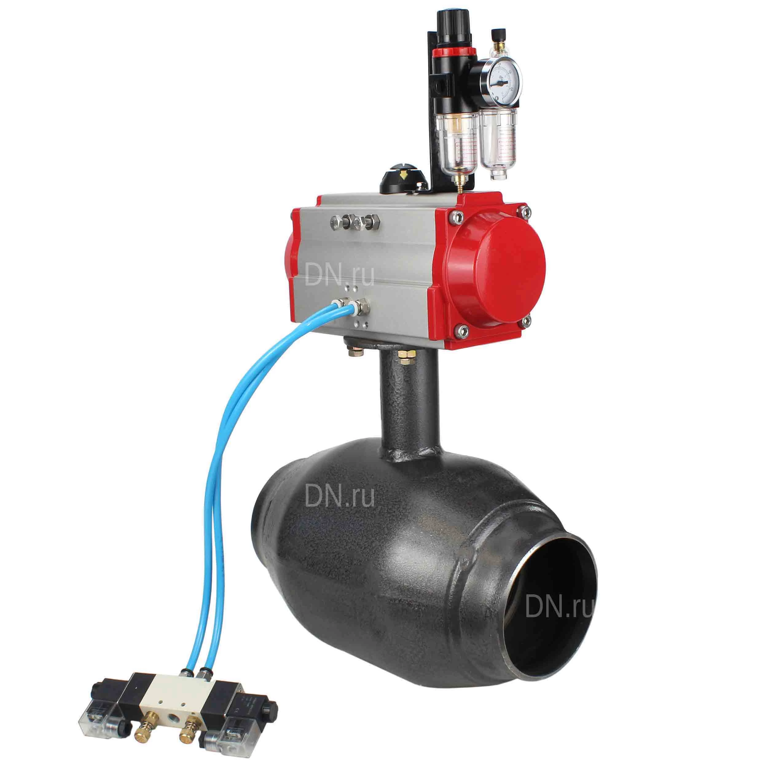 Изображение товара Кран шаровой ALSO КШ.П.П.Р.080.25-01 Ду80 Ру25 полнопроходной, под приварку, корпус - сталь 20, уплотнение - PTFE, управление - пневмопривод DN.ru-PA-DA-105 с пневмораспределителем DN.ru-4V320-08 220 В и блоком подготовки воздуха AFC2000