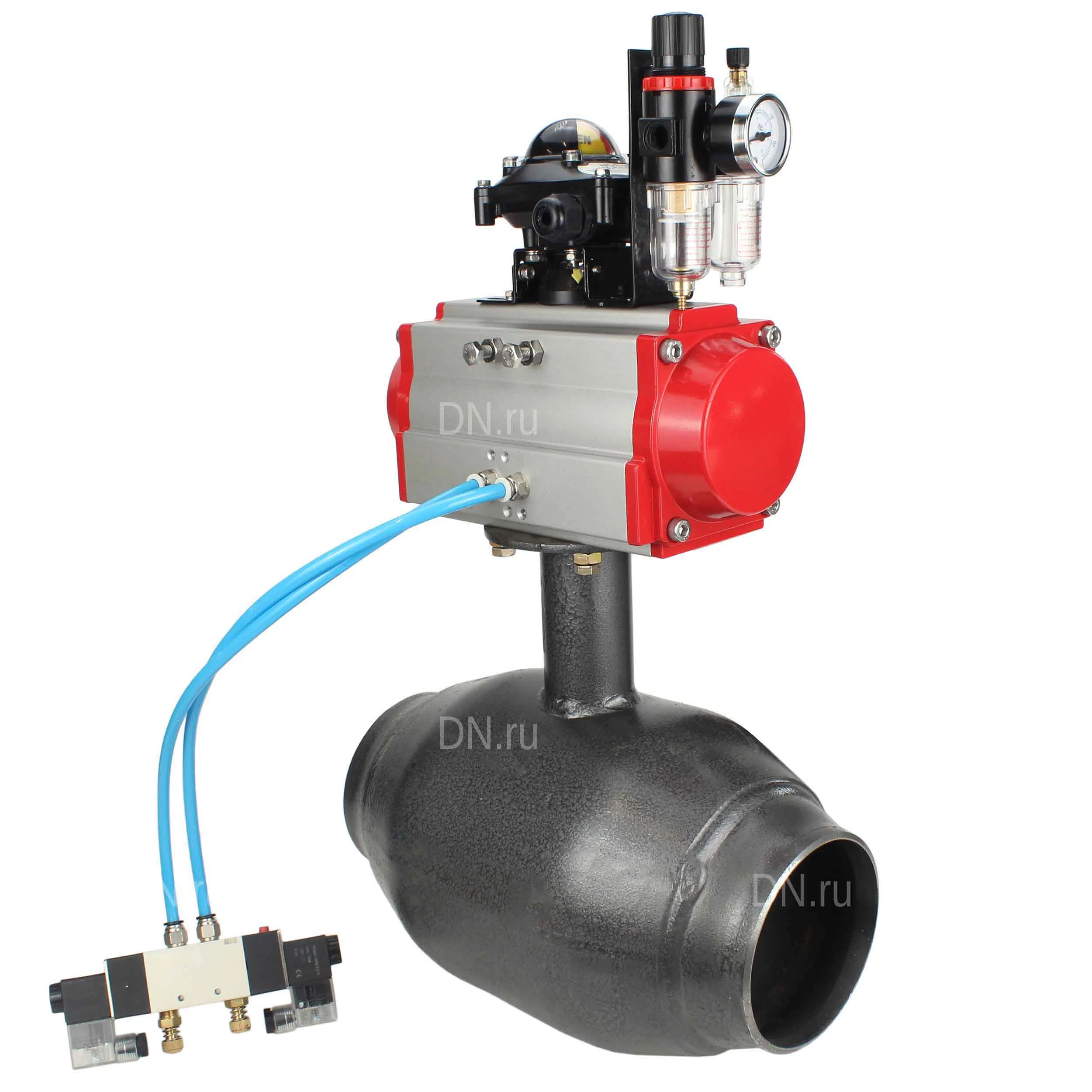 Изображение товара Кран шаровой ALSO КШ.П.Р.080.25-01 Ду80 Ру25 стандартнопроходной, под приварку, корпус - сталь 20, уплотнение - PTFE, управление - пневмопривод DN.ru PA-SA-130 с пневмораспределителем DN.ru-4V320-08 220 В, БКВ APL-210N и БПВ AFC2000