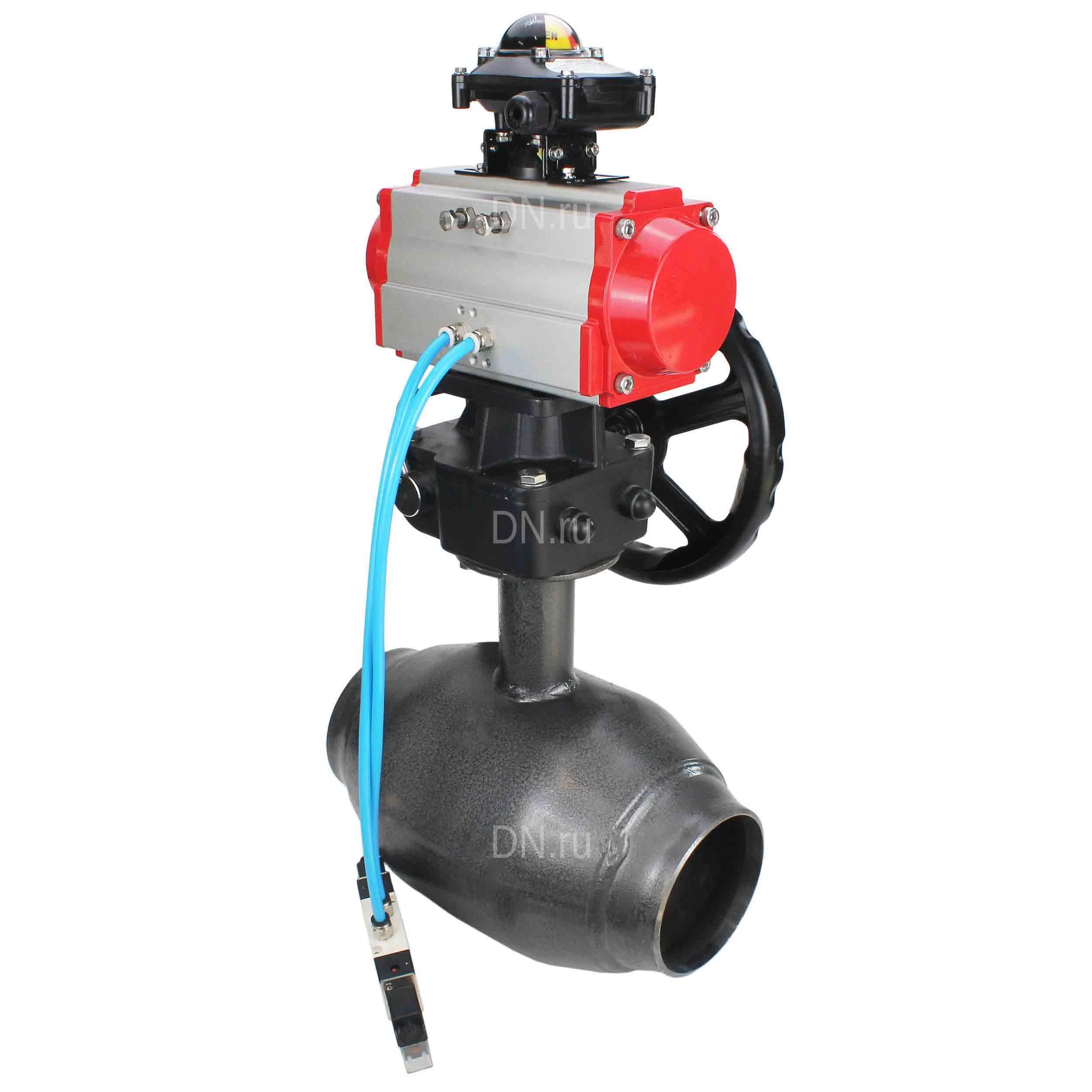 Изображение товара Кран шаровой ALSO КШ.П.П.Р.050.40-02 Ду50 Ру40 полнопроходной, под приварку, корпус - сталь 09Г2С, уплотнение - PTFE, управление - пневмопривод DN.ru PA-DA-083 с пневмораспределителем DN.ru-4V320-08 220 В, ручным дублером DN.ru-HDM-2 и БКВ APL-210N