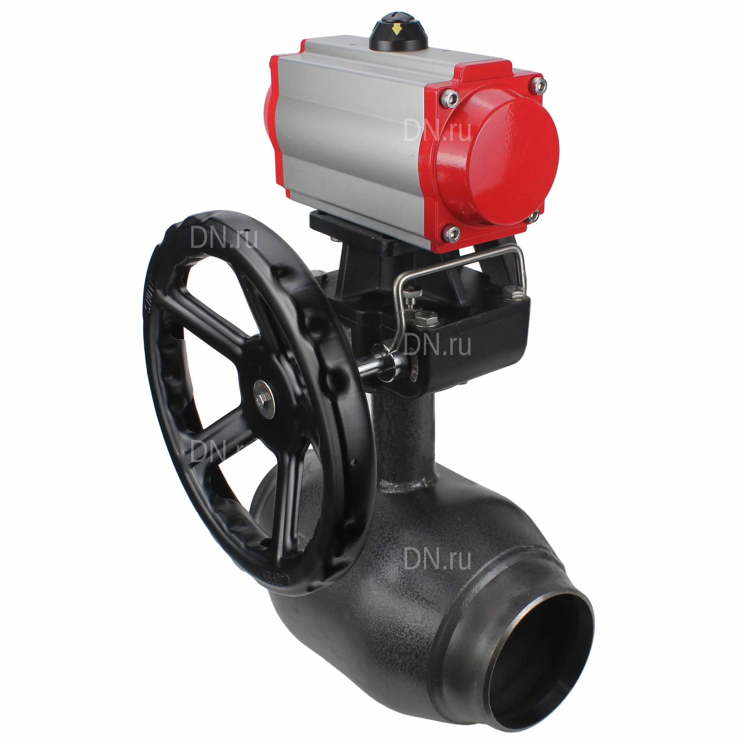 Изображение товара Кран шаровой ALSO КШ.П.Р.040.40-01 Ду40 Ру40 стандартнопроходной, под приварку, корпус - сталь 20, уплотнение - PTFE, управление - пневмопривод DN.ru-PA-DA-065 с ручным дублером DN.ru-HDM-1