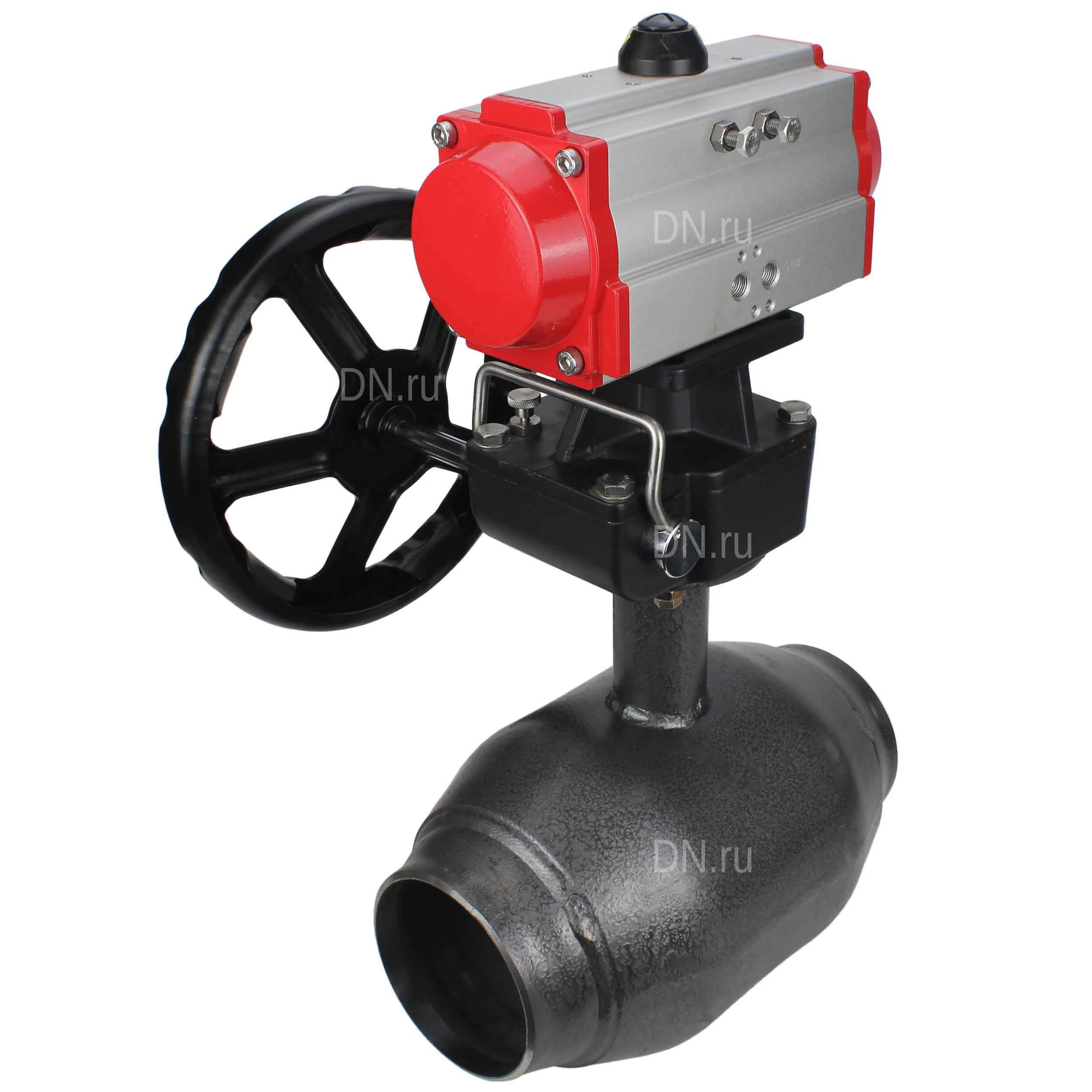 Изображение товара Кран шаровой ALSO КШ.П.Р.050.40-01 Ду50 Ру40 стандартнопроходной, под приварку, корпус - сталь 20, уплотнение - PTFE, управление - пневмопривод DN.ru-PA-DA-065 с ручным дублером DN.ru-HDM-1