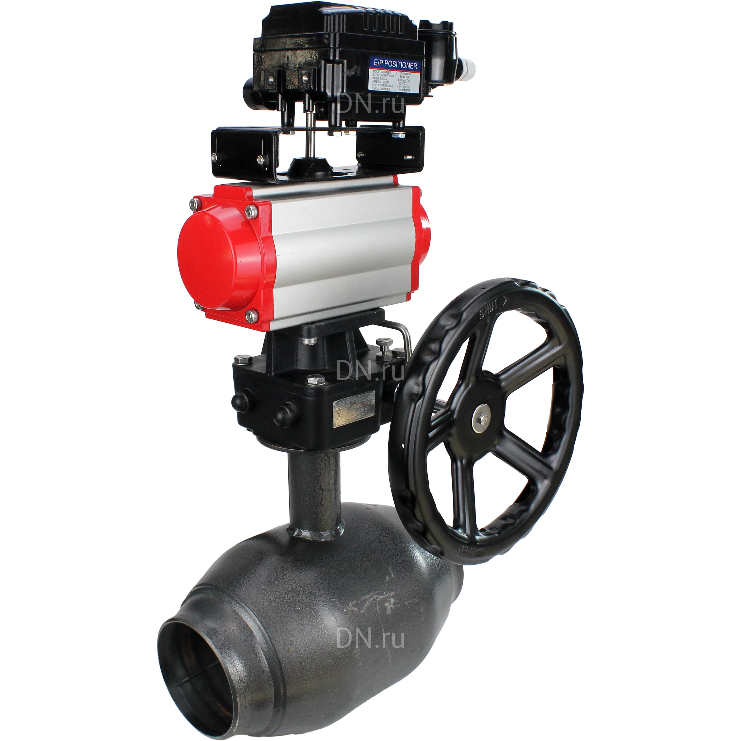 Изображение товара Кран шаровой ALSO КШ.П.Р.200.25-02 Ду200 Ру25 стандартнопроходной, под приварку, корпус - сталь 09Г2С, уплотнение - PTFE, управление - пневмопривод DN.ru PA-DA-160 с электропневматическим поворотным позиционером DN.ru YT-1000RSN и DN.ru-HDM-4
