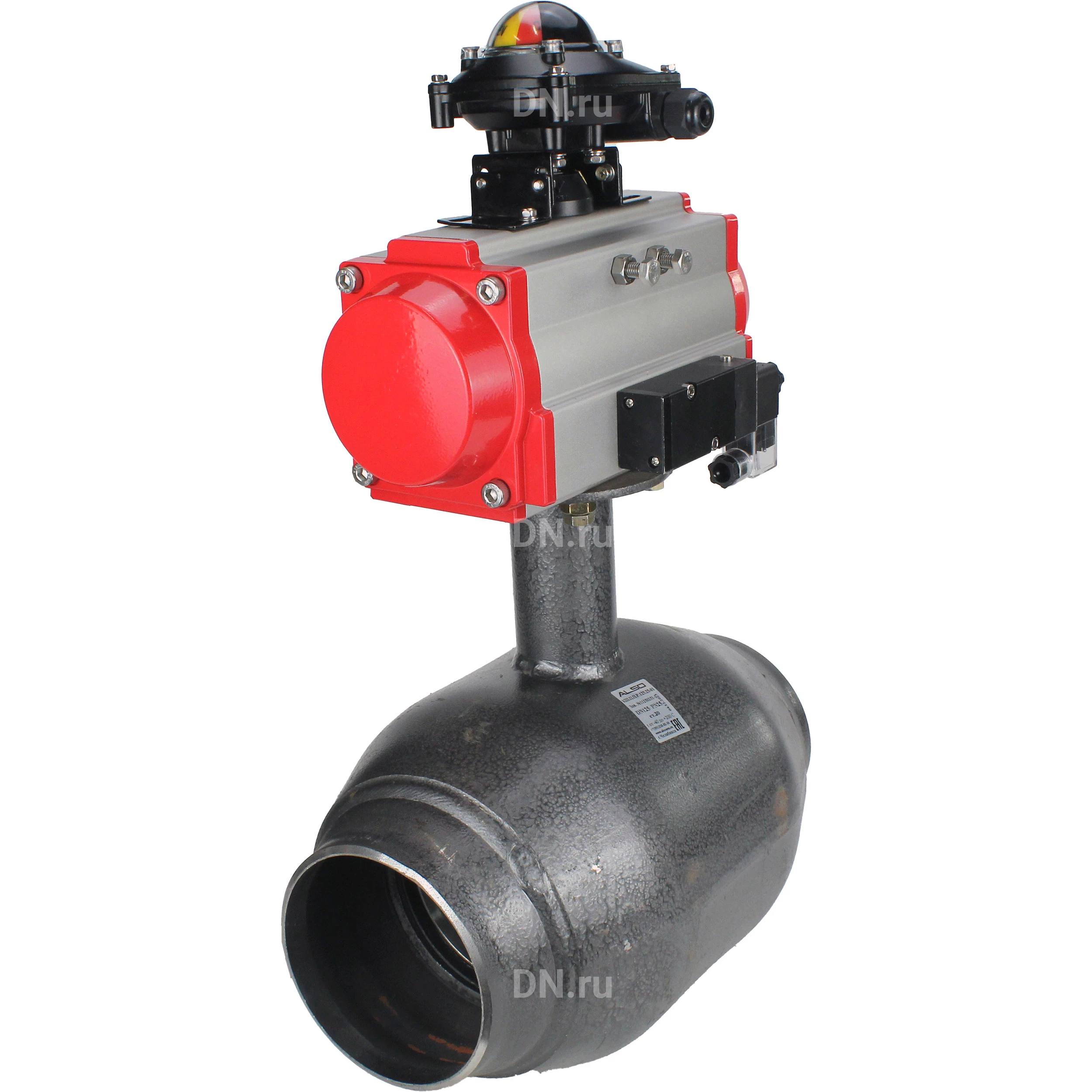 Изображение товара Кран шаровой ALSO КШ.П.Р.200.25-02 Ду200 Ру25 стандартнопроходной, под приварку, корпус - сталь 09Г2С, уплотнение - PTFE, управление - пневмопривод DN.ru PA-DA-160 с пневмораспределителем DN.ru-4М310-08 220В NAMUR и БКВ DN.ru APL-210N