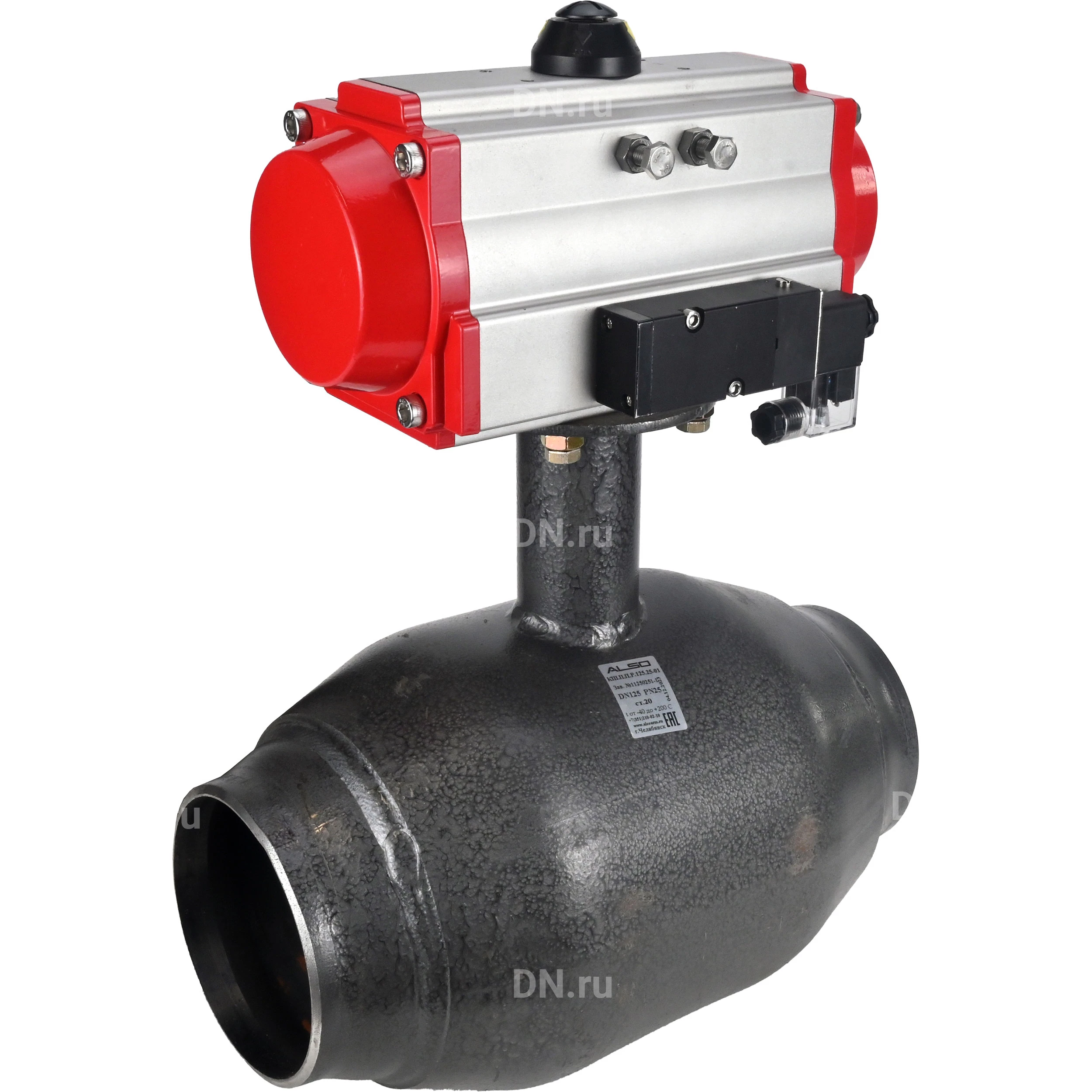 Изображение товара Кран шаровой ALSO КШ.П.Р.015.40-02 Ду15 Ру40 стандартнопроходной, под приварку, корпус - сталь 09Г2С, уплотнение - PTFE, управление - пневмопривод DN.ru PA-DA-052 с пневмораспределителем DN.ru-4M310-08 220 В
