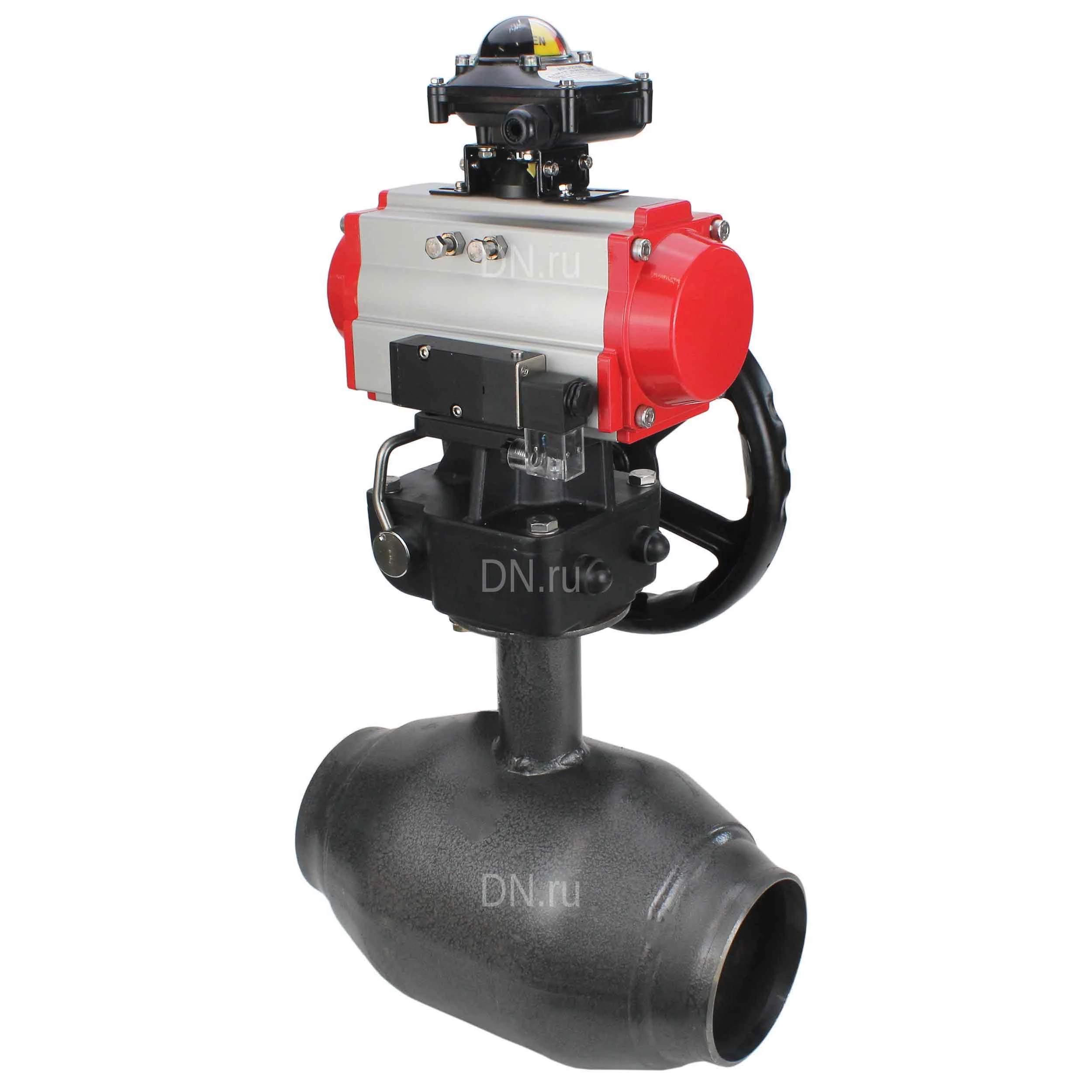 Изображение товара Кран шаровой ALSO КШ.П.П.Р.040.40-02 Ду40 Ру40 полнопроходной, под приварку, корпус - сталь 09Г2С, уплотнение - PTFE, управление - пневмопривод DN.ru PA-DA-065 с пневмораспределителем DN.ru-4М310-08 24В NAMUR, БКВ DN.ru APL-210N и ручным дублером HDM-1