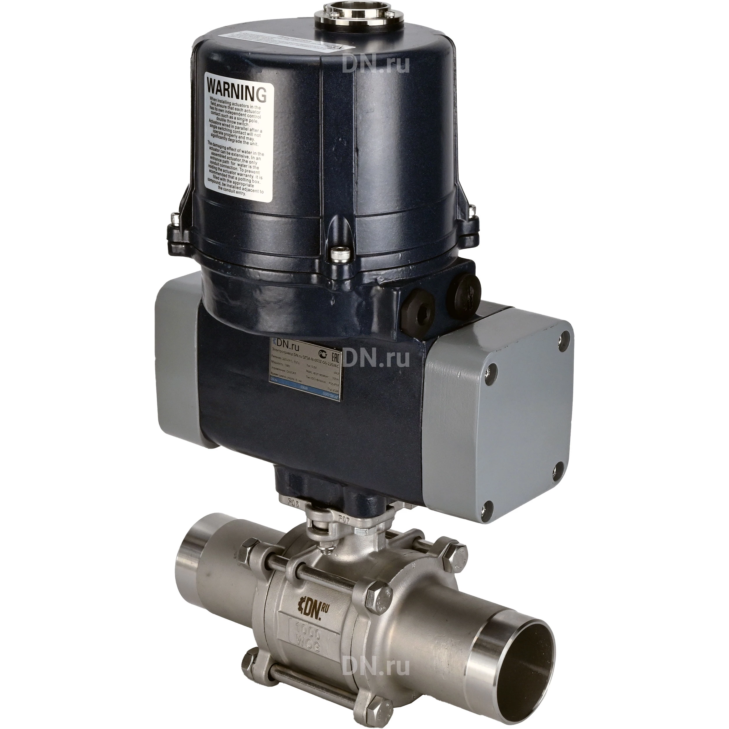 Изображение товара Кран шаровой DN.ru BV3131P(3pc)-FP-W-ISO-H LONG Ду20 Ру63 полнопроходной, под приварку, корпус - нержавеющая сталь SS304, уплотнение - PTFE, с электроприводом четвертьоборотным DN.ru QTSA-N-005EM-O0-220VAC с пружинным возвратом