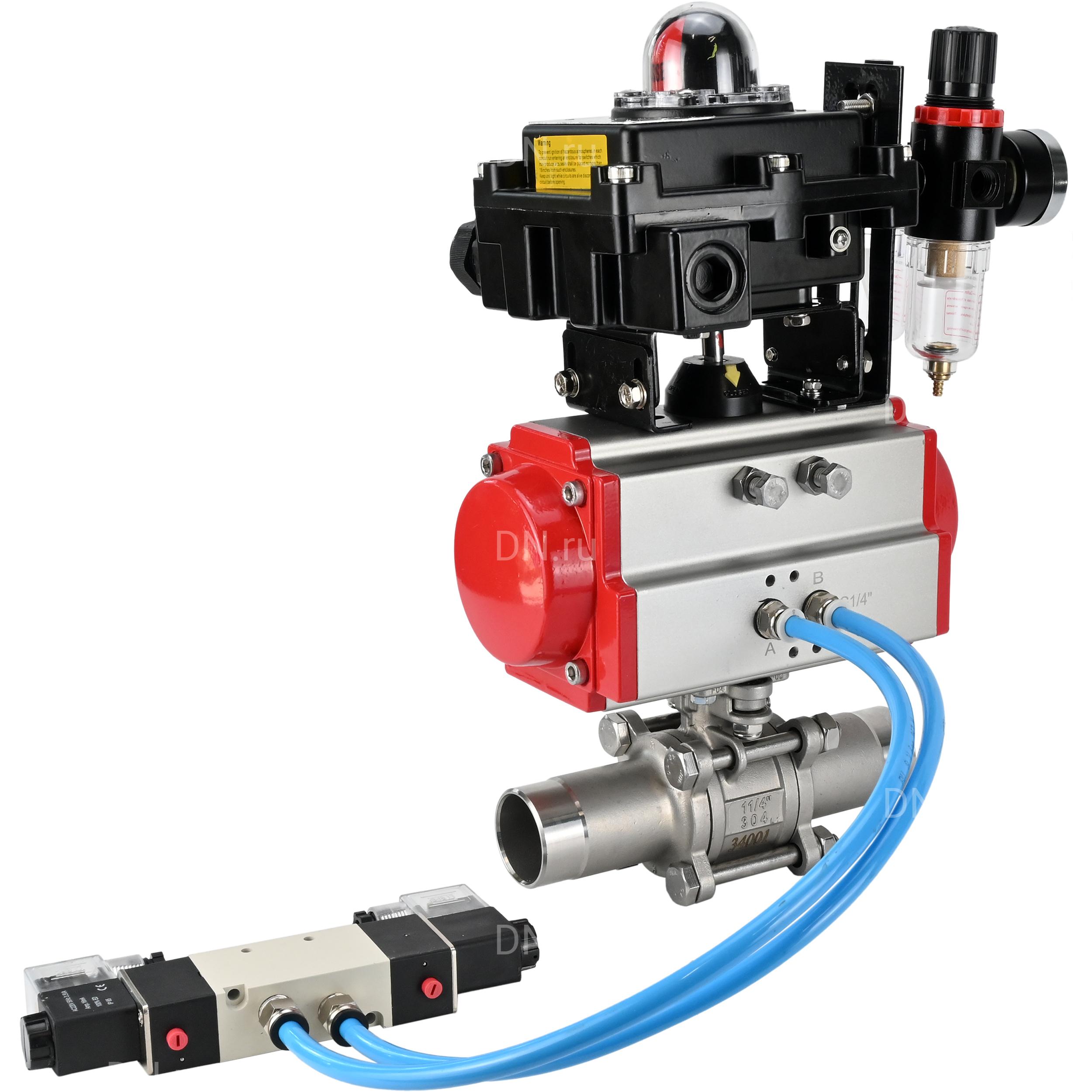 Кран шаровой DN.ru BV3232P(3pc)-FP-W-ISO-H LONG Ду25 Ру63 полнопроходной, корпус - нержавеющая сталь 316, уплотнение - PTFE, под приварку, с пневмоприводом PA-DA-083, пневмораспределителем 4V320-08 220В, БКВ APL-410N EX и БПВ AFC2000