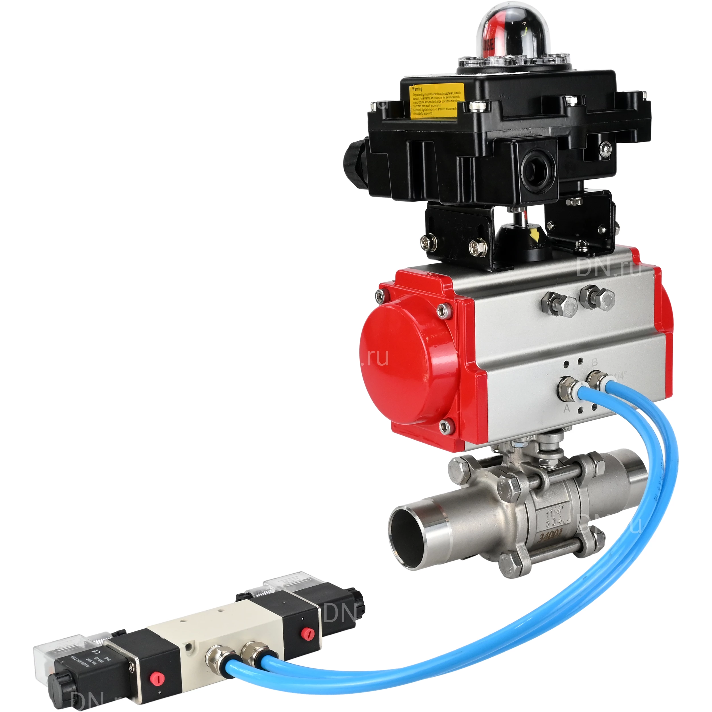 Изображение товара Кран шаровой DN.ru BV3232P(3pc)-FP-W-ISO-H LONG Ду150 Ру16 полнопроходной, корпус - нержавеющая сталь 316, уплотнение - PTFE, под приварку, с пневмоприводом DN.ru PA-SA-210, пневмораспределителем 4V320-08 220В и БКВ APL-410N EX