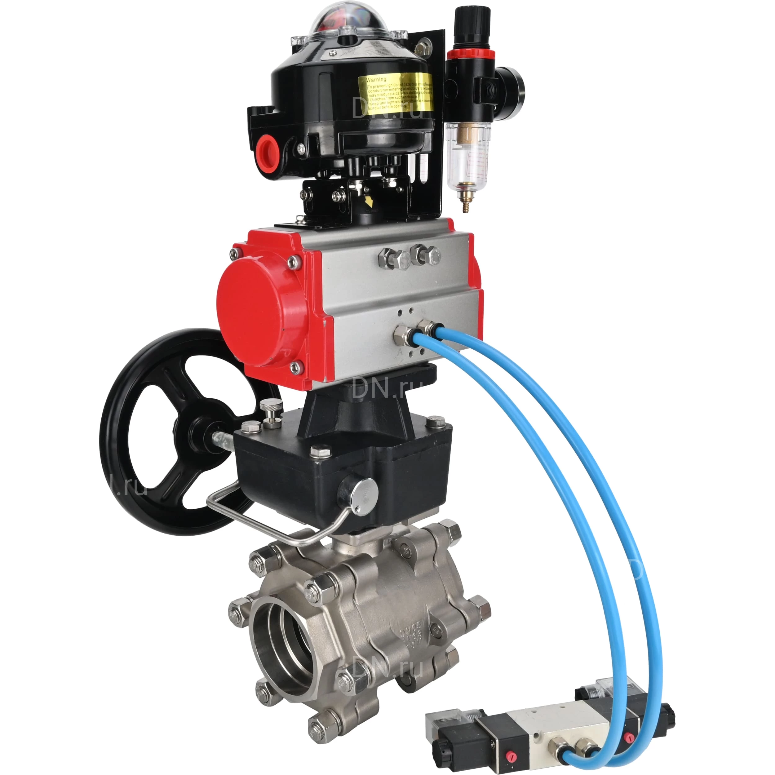 Изображение товара Кран шаровой DN.ru BV3232P(3pc)-FP-SW-ISO-H Ду100 Ру63 полнопроходной, корпус - нержавеющая сталь SS316, под приварку, с пневмоприводом PA-DA-105, пневмораспределителем 4V320-08 AC220V, БКВ APL-510N EX, ручным дублером MON3-700-T38-ISO, БПВ AFC2000