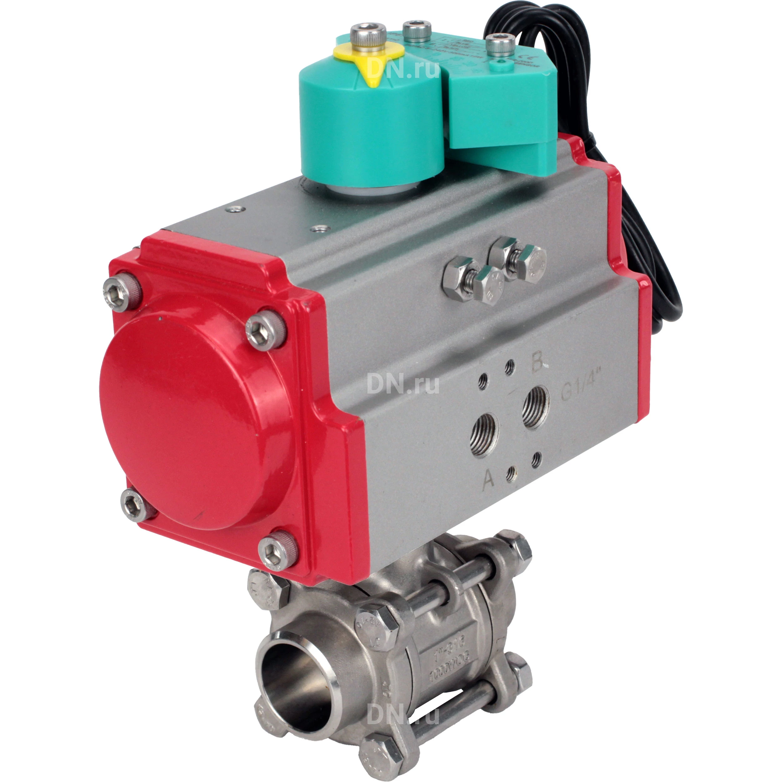 Изображение товара Кран шаровой DN.ru BV3232P(3pc)-FP-W-ISO-H Ду15 Ру63 полнопроходной, корпус - нержавеющая сталь 316, уплотнение - PTFE, под приварку, с пневмоприводом PA-DA-052 и магнитным переключателем ALS200D