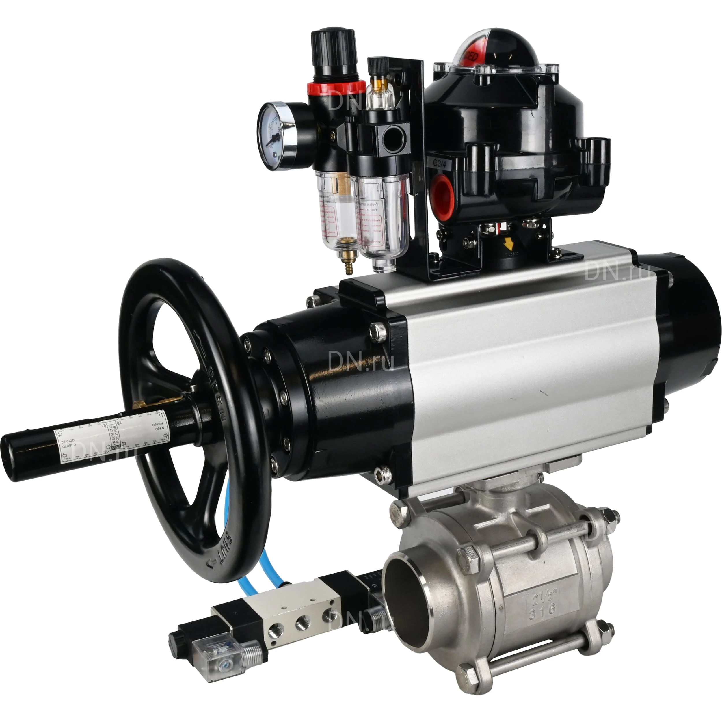 Изображение товара Кран шаровой DN.ru BV3232P(3pc)-FP-W-ISO-H Ду100 Ру25, полнопроходной, трехсоставной, нержавеющая сталь 316, уплотнение - PTFE, под приварку, с пневмоприводом PA-DA-105-1, пневмораспределителем 4V320-10 AC220V, БКВ APL-510N Ex, БПВ AFC2000 Изображение товара Кран шаровой DN.ru BV3232P(3pc)-FP-W-ISO-H Ду100 Ру25, полнопроходной, трехсоставной, нержавеющая сталь 316, уплотнение - PTFE, под приварку, с пневмоприводом PA-DA-105-1, пневмораспределителем 4V320-10 AC220V, БКВ APL-510N Ex, БПВ AFC2000