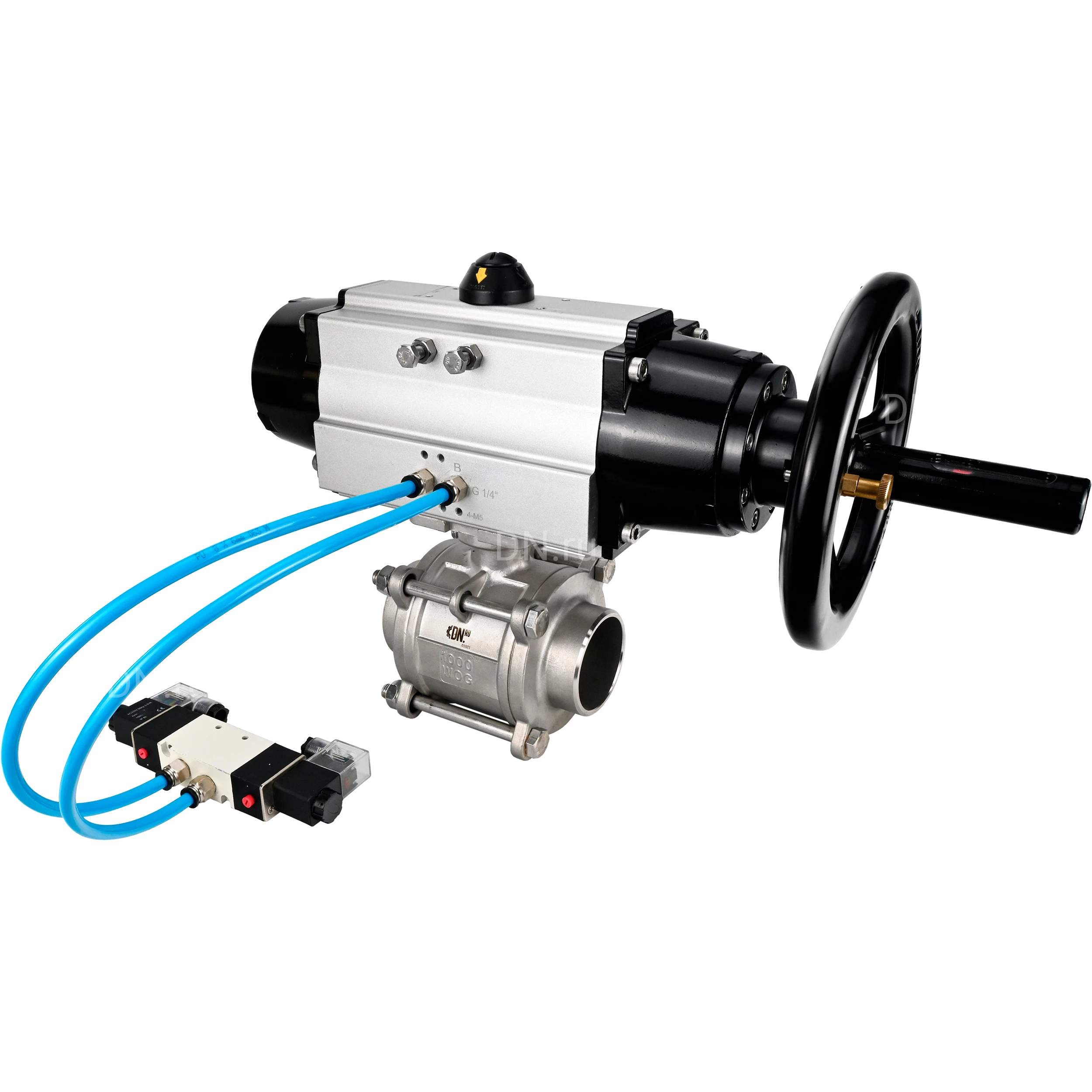 Изображение товара Кран шаровой DN ru BV3232P 3pc FP W ISO H Ду80 Ру25 с пневмоприводом PA-DA-105-1 и пневмораспредели