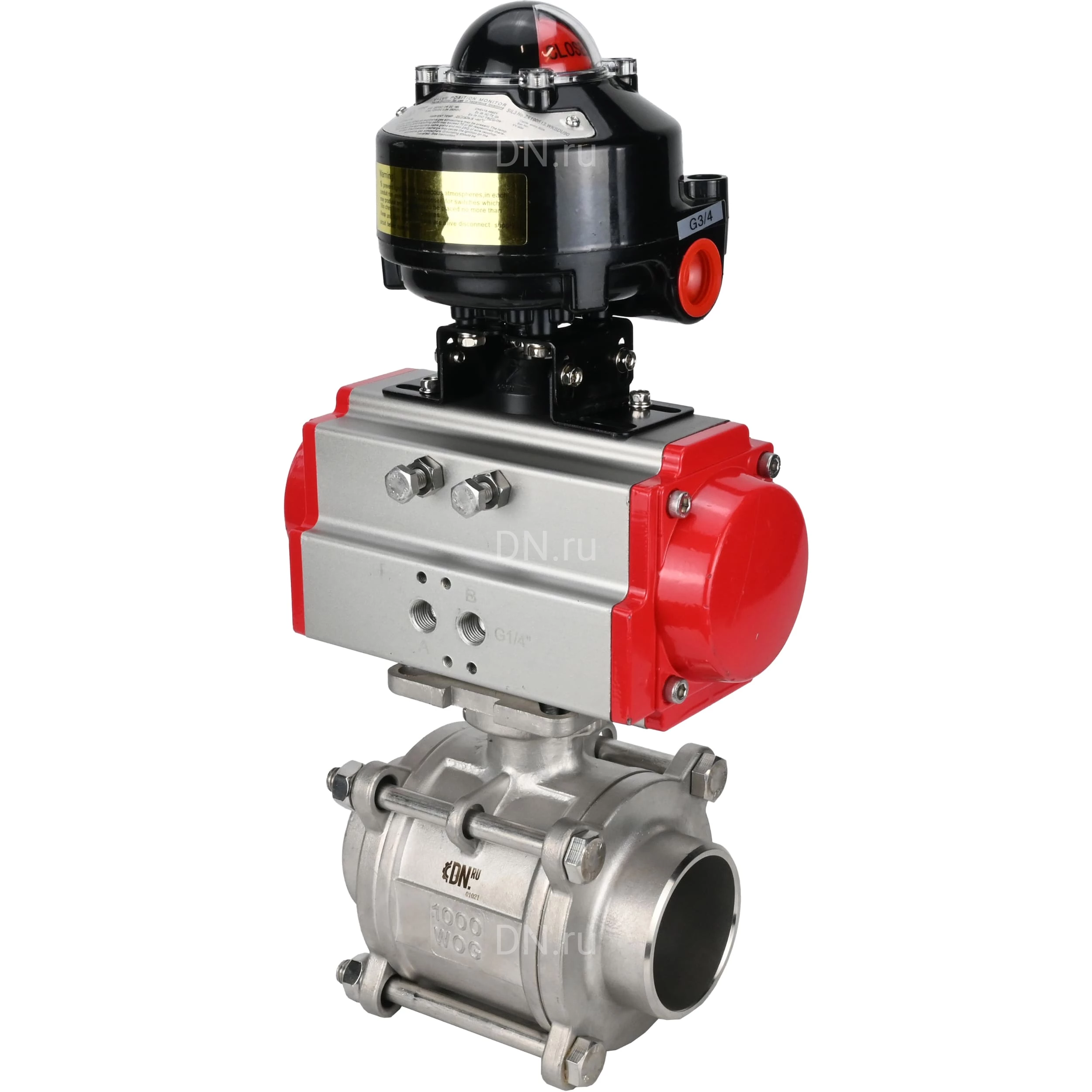 Изображение товара Кран шаровой DN ru BV3232P 3pc FP W ISO H WDVF Ду20 Ру63 c пневмоприводом PA-DA-052 и БКВ APL-510N 