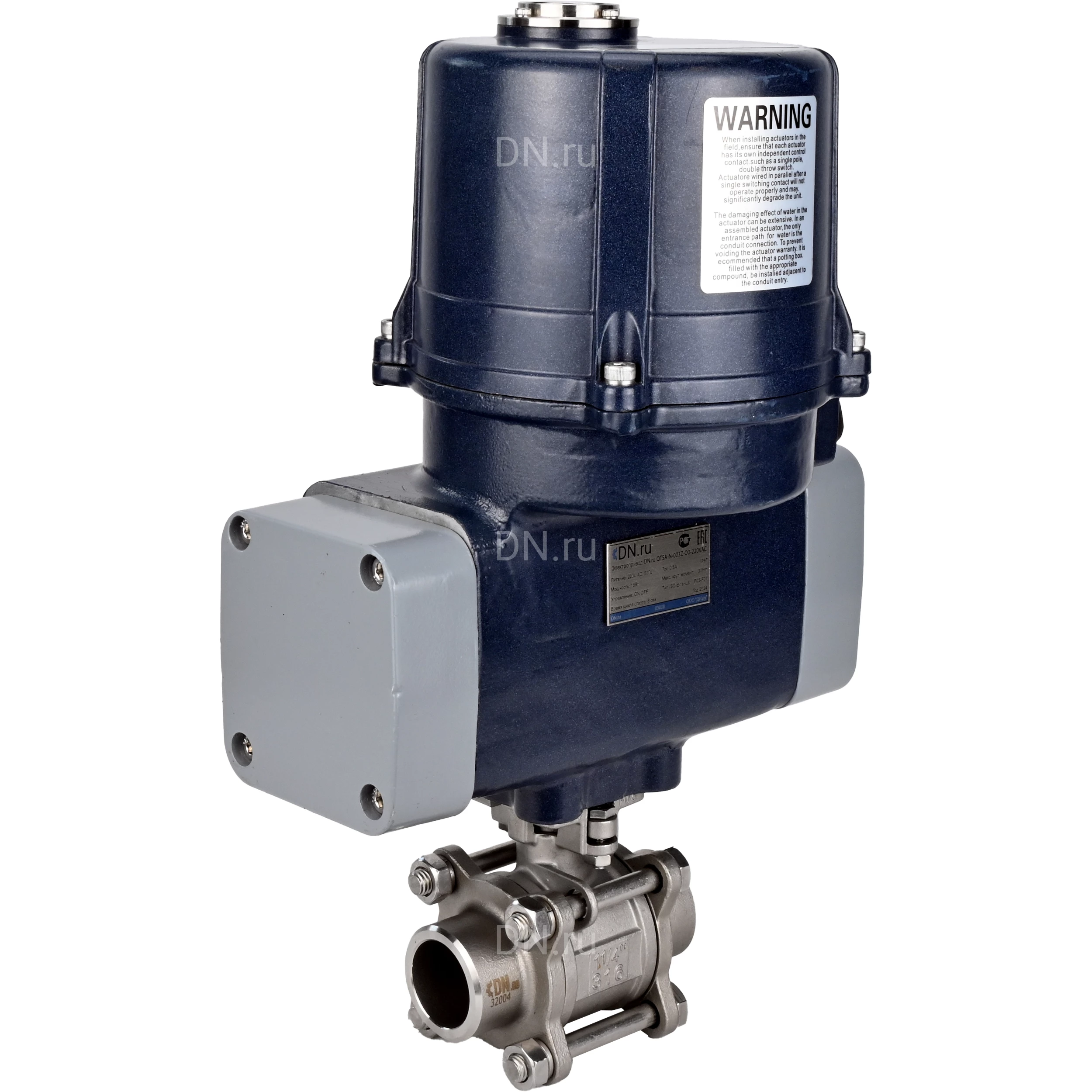 Изображение товара Кран шаровой DN.ru BV3232P(3pc)-FP-W-ISO-H WDVF Ду15 Ру63 полнопроходной, трехсоставной, корпус - нержавеющая сталь 316, уплотнение - PTFE, под приварку, с 1/4-оборотным электроприводом DN.ru QTSA-N-003EM-O0-220VAC с пружинным возвратом