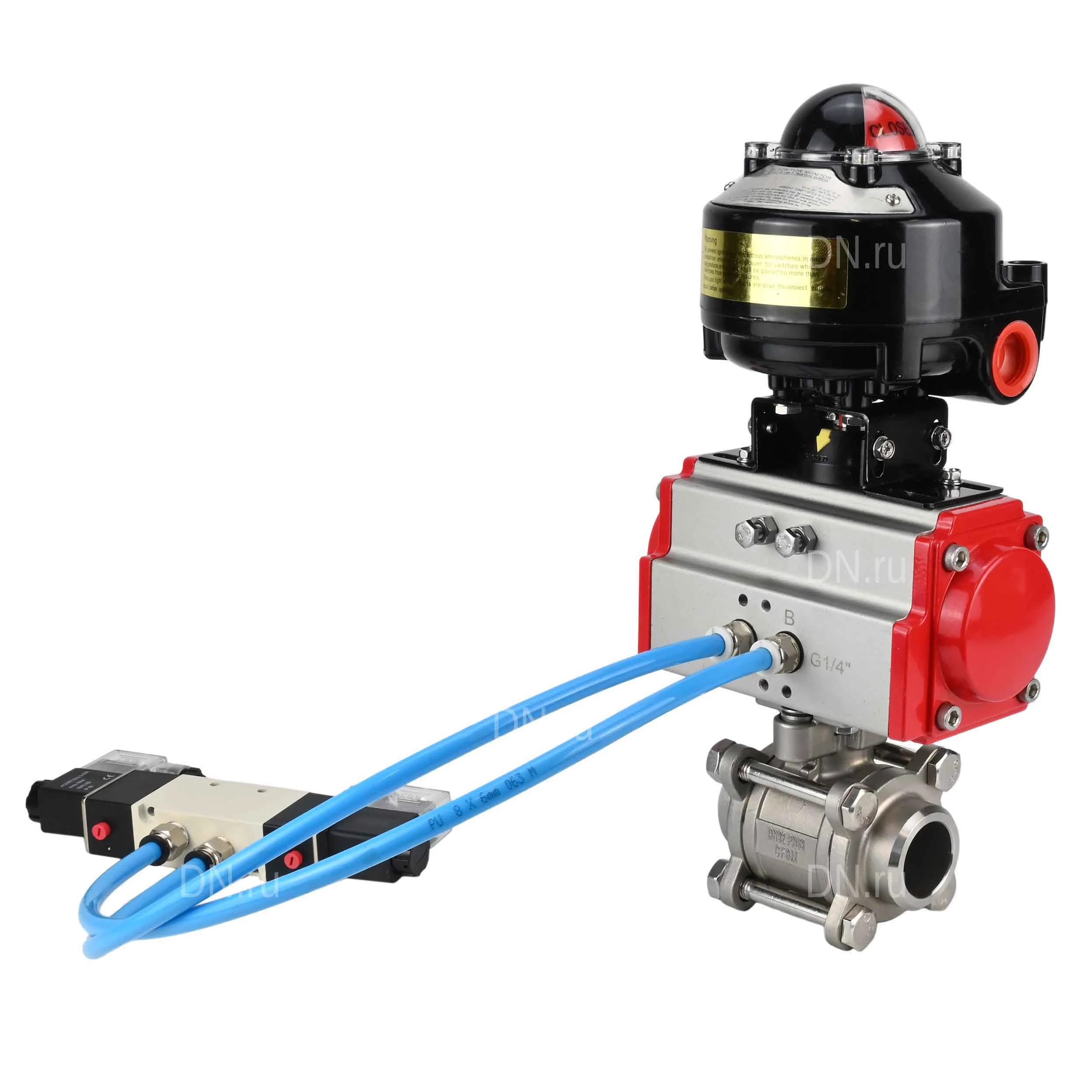 Кран шаровой DN.ru BV3232P(3pc)-FP-W-ISO-H Ду80 Ру25 полнопроходной двухходовой, корпус - нержавеющая сталь SS316, под приварку, уплотнение - PTFE, с пневмоприводом PA-DA-105, пневмораспределителем 4V320-10 220В и БКВ APL-510N EX