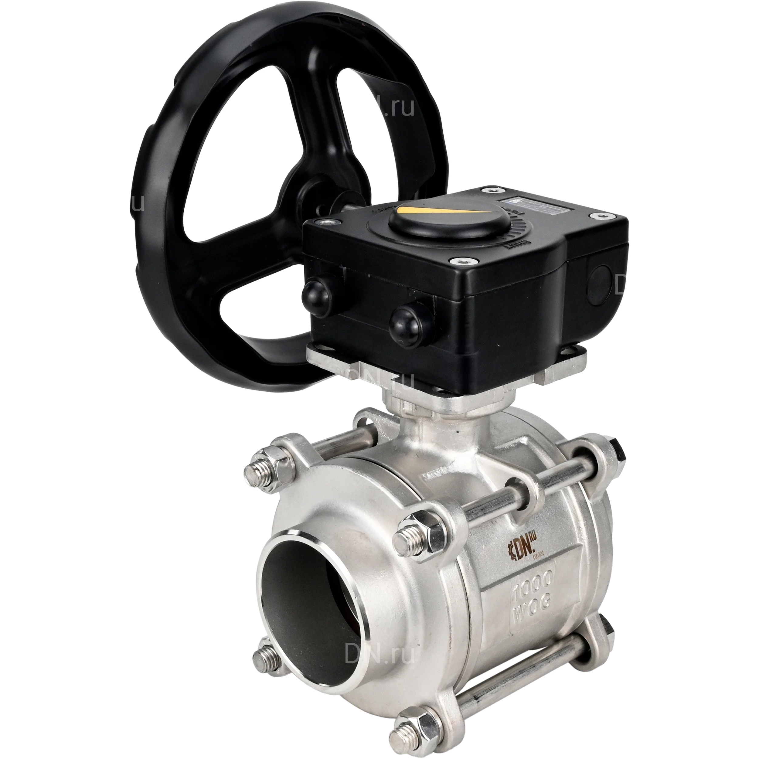 Изображение товара Кран шаровой DN.ru BV3232P(3pc)-FP-W-ISO-H Ду25 Ру63 полнопроходной двухходовой, нержавеющая сталь SS316, под приварку, уплотнение - PTFE, с ISO фланцем и редуктором DN.ru HAM RQN1-180Z-T40