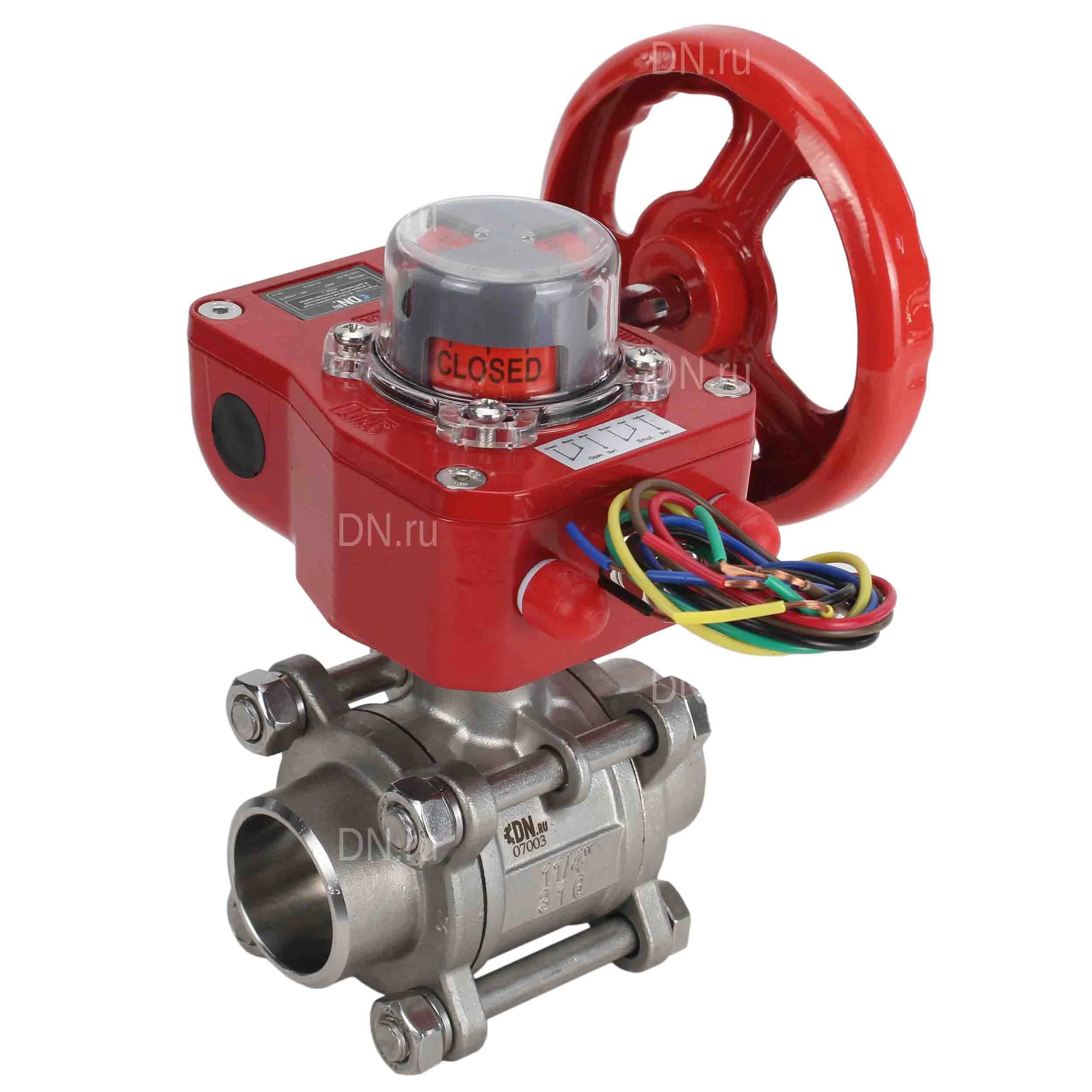 Изображение товара Кран шаровой DN.ru BV3232P(3pc)-FP-W-ISO-H Ду10 Ру63 полнопроходной двухходовой, нержавеющая сталь SS316, под приварку, уплотнение - PTFE, с ISO фланцем и редуктором DN.ru HGBF RQN1-180Z с индикатором положения и датчиком обратной связи