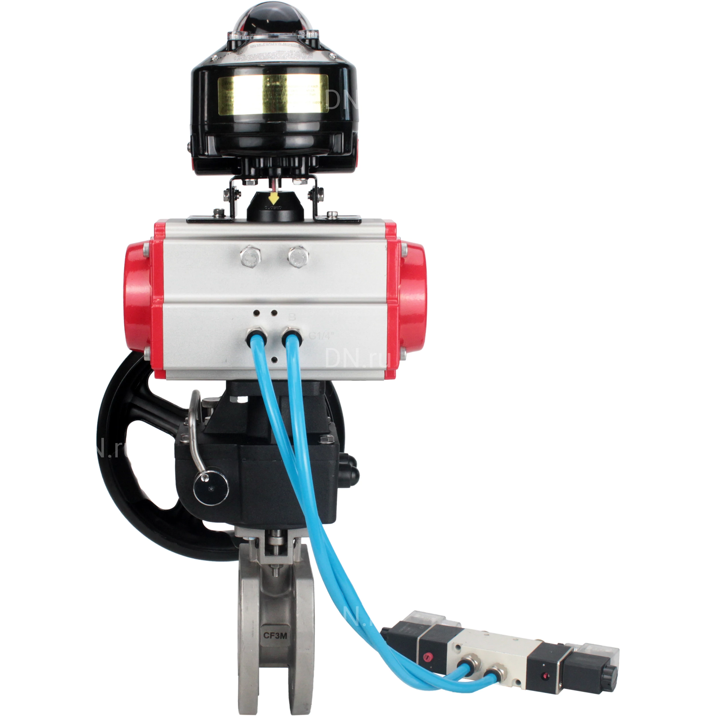 Изображение товара Кран шаровой DN.ru BV3232P-FP-Fb-ISO-H Ду32 Ру16 межфланцевый, полнопроходной, корпус - нерж.сталь SS316, уплотнение - PTFE, с пн.приводом DN.ru PA-DA-052 пн.распределителем 4V320-08 редуктором MON1-250-T26-ISO БКВ APL-510N-EX