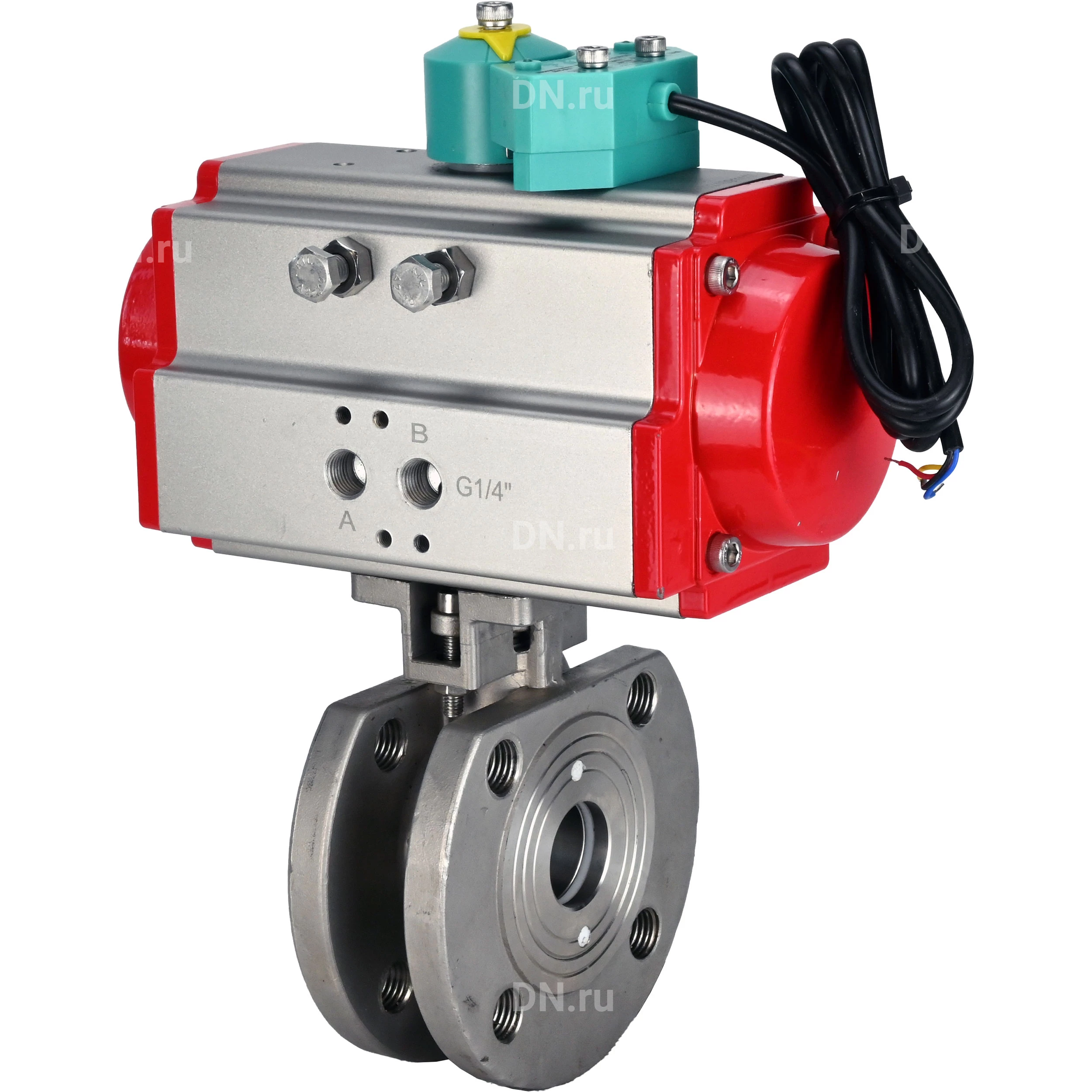 Изображение товара Кран шаровой DN.ru BV3232P-FP-Fb-ISO-H Ду32 Ру16 полнопроходной, межфланцевый, корпус - нержавеющая сталь 316, уплотнение - PTFE, с пневмоприводом PA-DA-052 и магнитным переключателем ALS200D