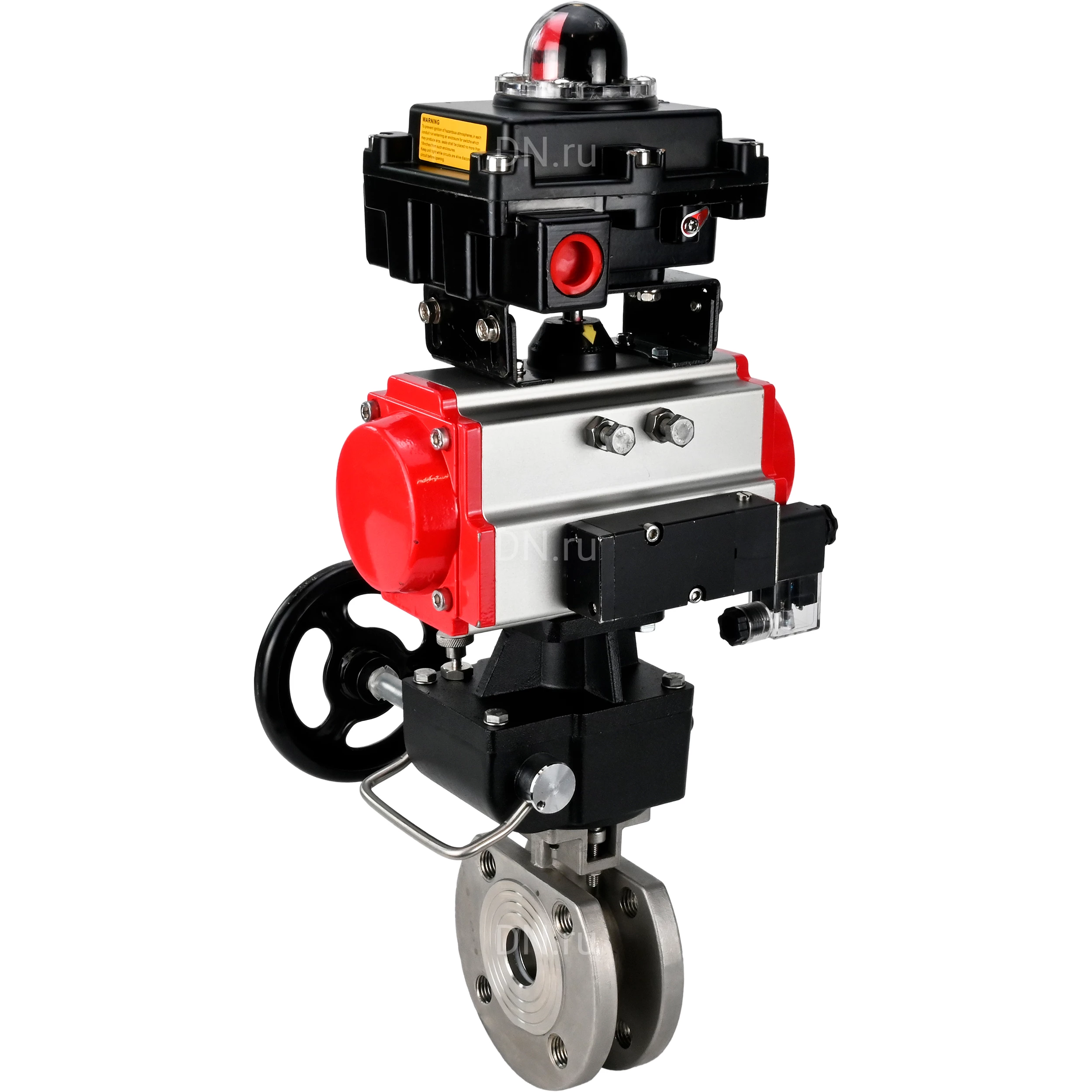 Изображение товара Кран шаровой DN.ru BV3232P-FP-Fb-ISO-H Ду25 Ру16, полнопроходной межфланцевый, нержавеющая сталь SS316, PTFE, с пневмоприводом PA-DA-065 двойного действия, с пневмораспределителем 4М310-08 220В NAMUR, с БКВ APL-410N EX, с ручным дублером MON1-250-T26-ISO