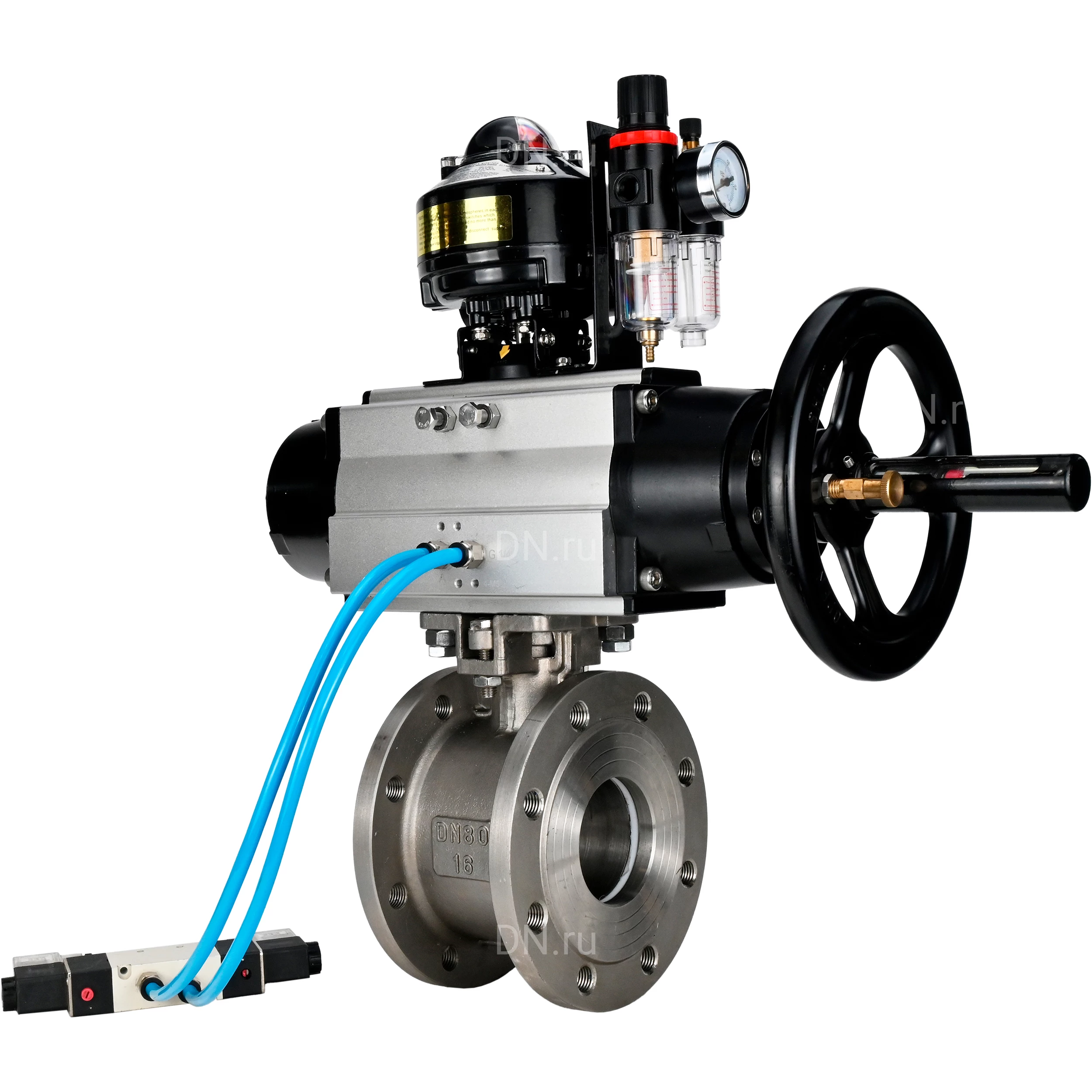 Изображение товара [Кран шаровый] DN.ru BV3232P-FP-Fb-ISO-H Ду80 Ру16 [нержавеющая сталь SS316, PTFE уплотнение, пневм