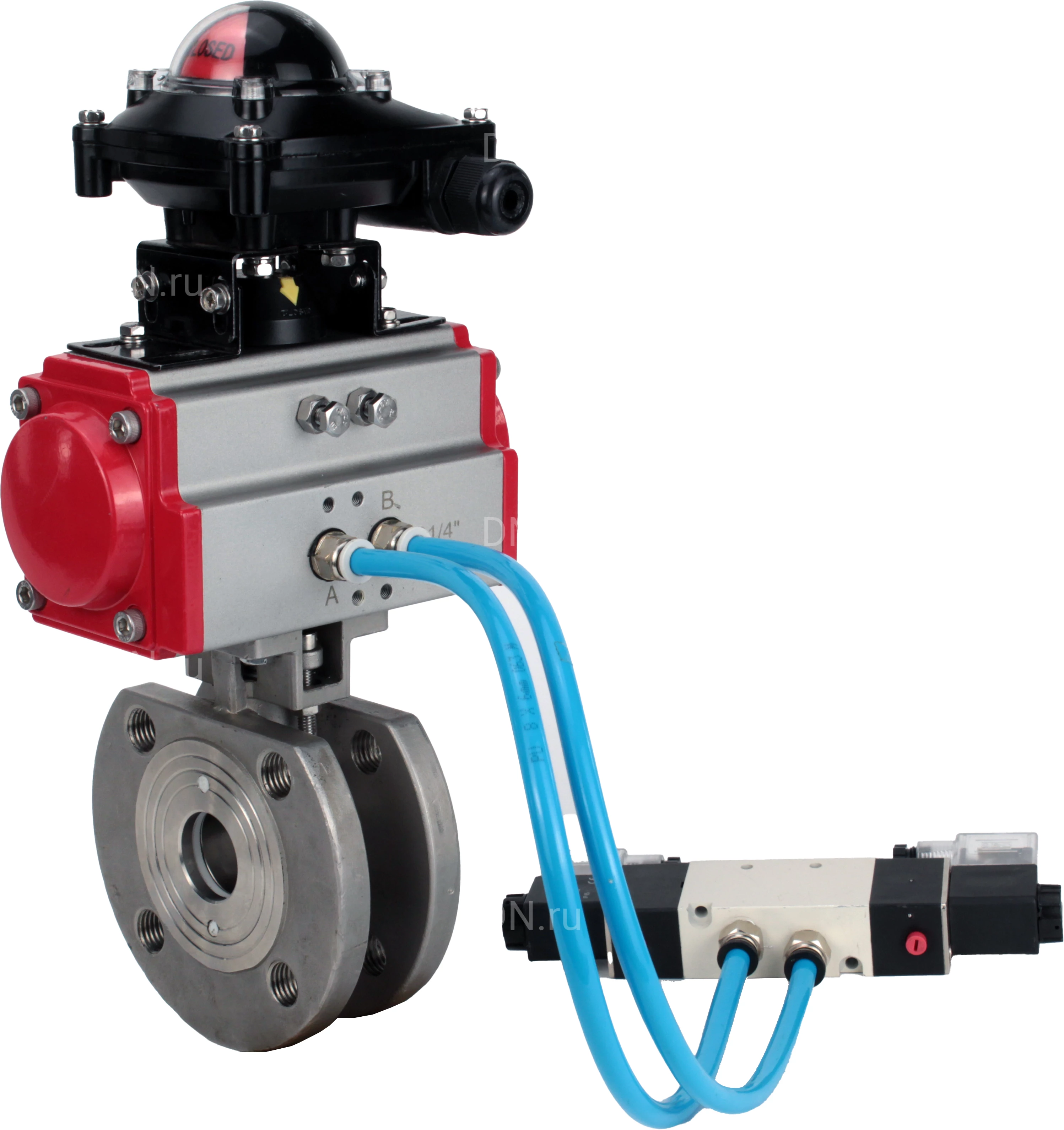 Изображение товара Кран шаровой DN.ru BV3232P-FP-Fb-ISO-H Ду50 Ру16, полнопроходной межфланцевый, нержавеющая сталь SS316, уплотнение - PTFE, с пневмоприводом PA-DA-083 двойного действия, с пневмораспределителем 4V320-08 220В, с БКВ APL-210N