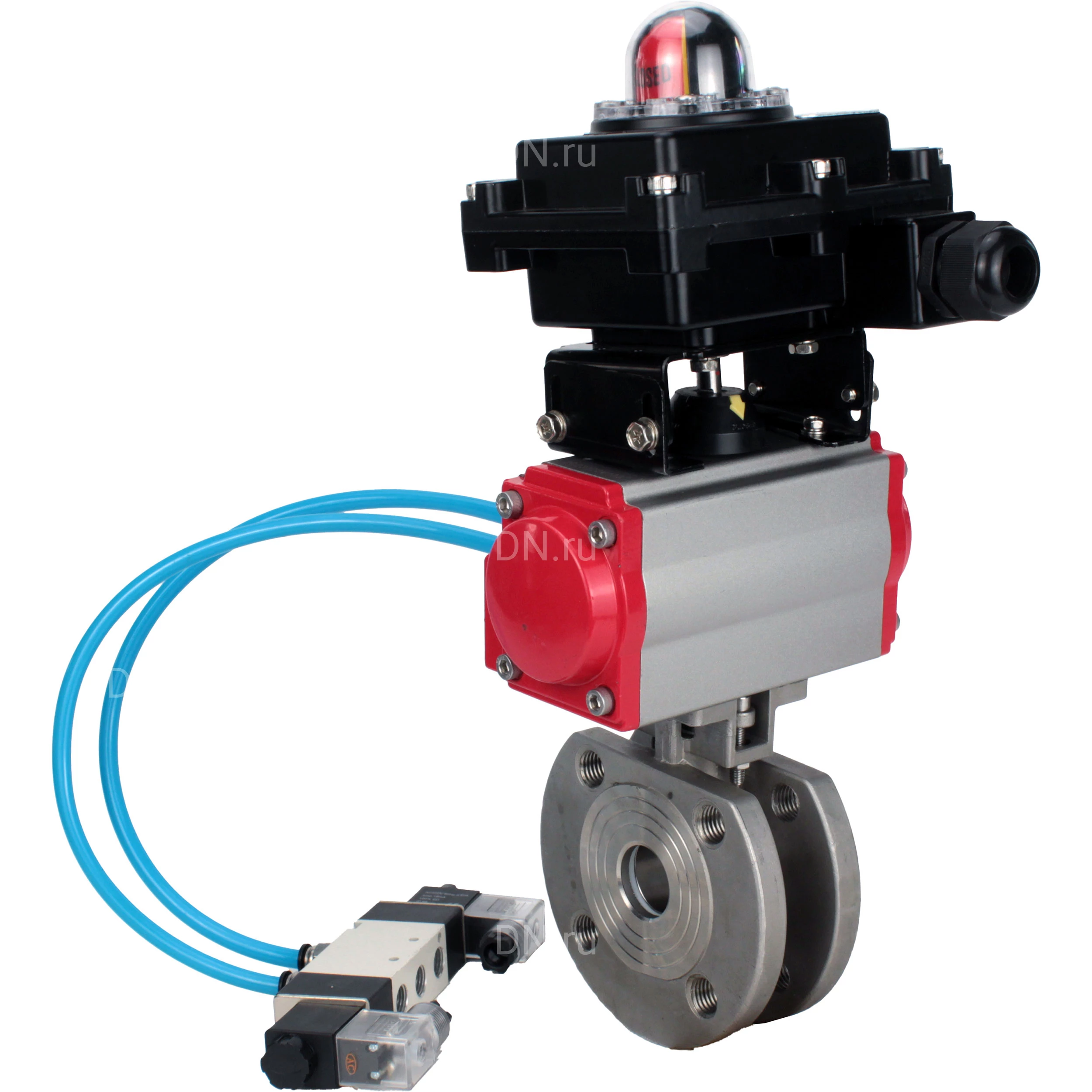 Изображение товара Кран шаровой DN.ru BV3232P-FP-Fb-ISO-H Ду20 Ру16, полнопроходной межфланцевый, нержавеющая сталь SS316, уплотнение - PTFE, с пневмоприводом PA-DA-052 двойного действия, с пневмораспределителем 4V320-10 220В, с БКВ APL-410N EX