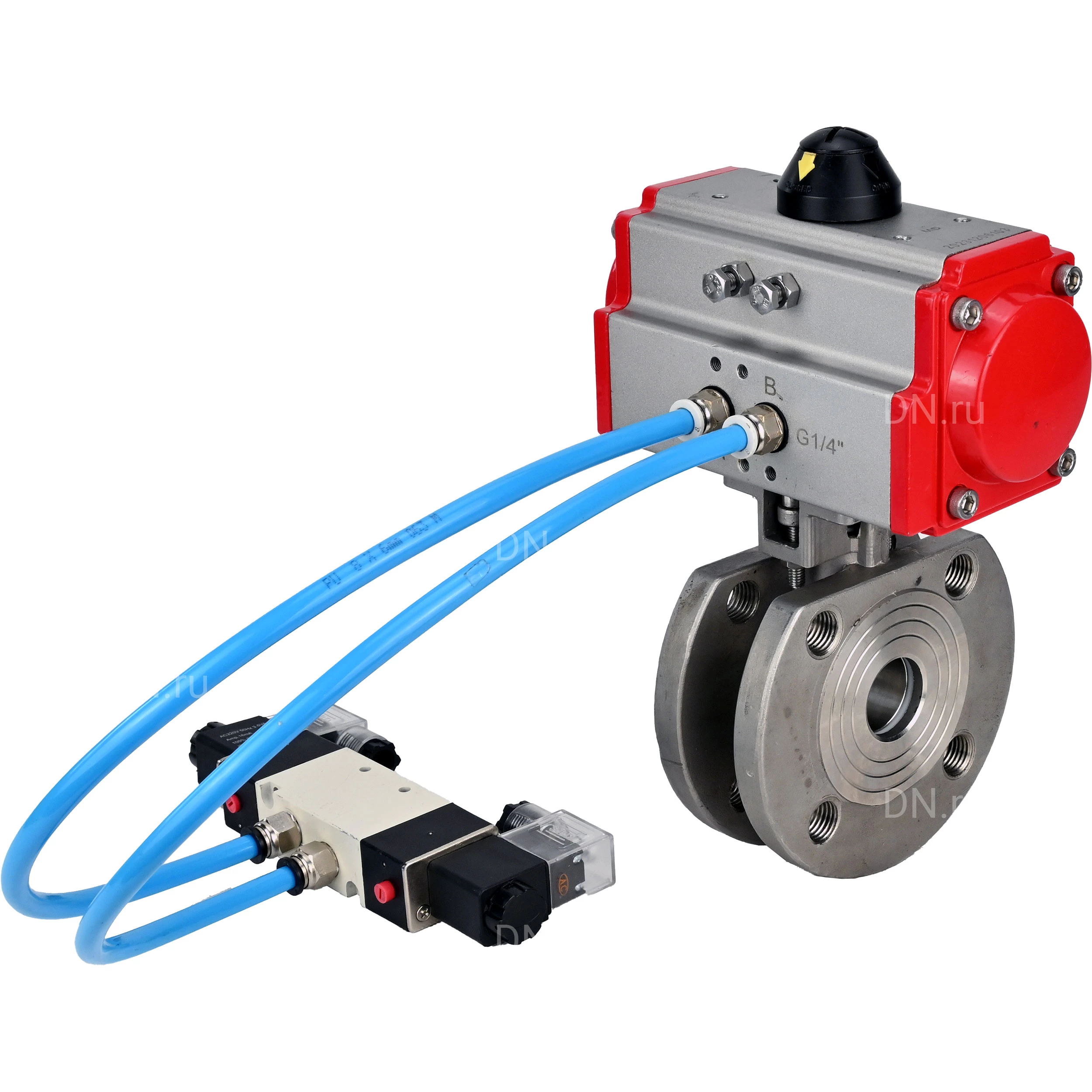 Изображение товара Кран шаровой DN.ru BV3232P-FP-Fb-ISO-H Ду80 Ру16, полнопроходной межфланцевый, нержавеющая сталь SS316, уплотнение - PTFE, с пневмоприводом PA-DA-083 двойного действия, с пневмораспределителем 4V320-08 220В