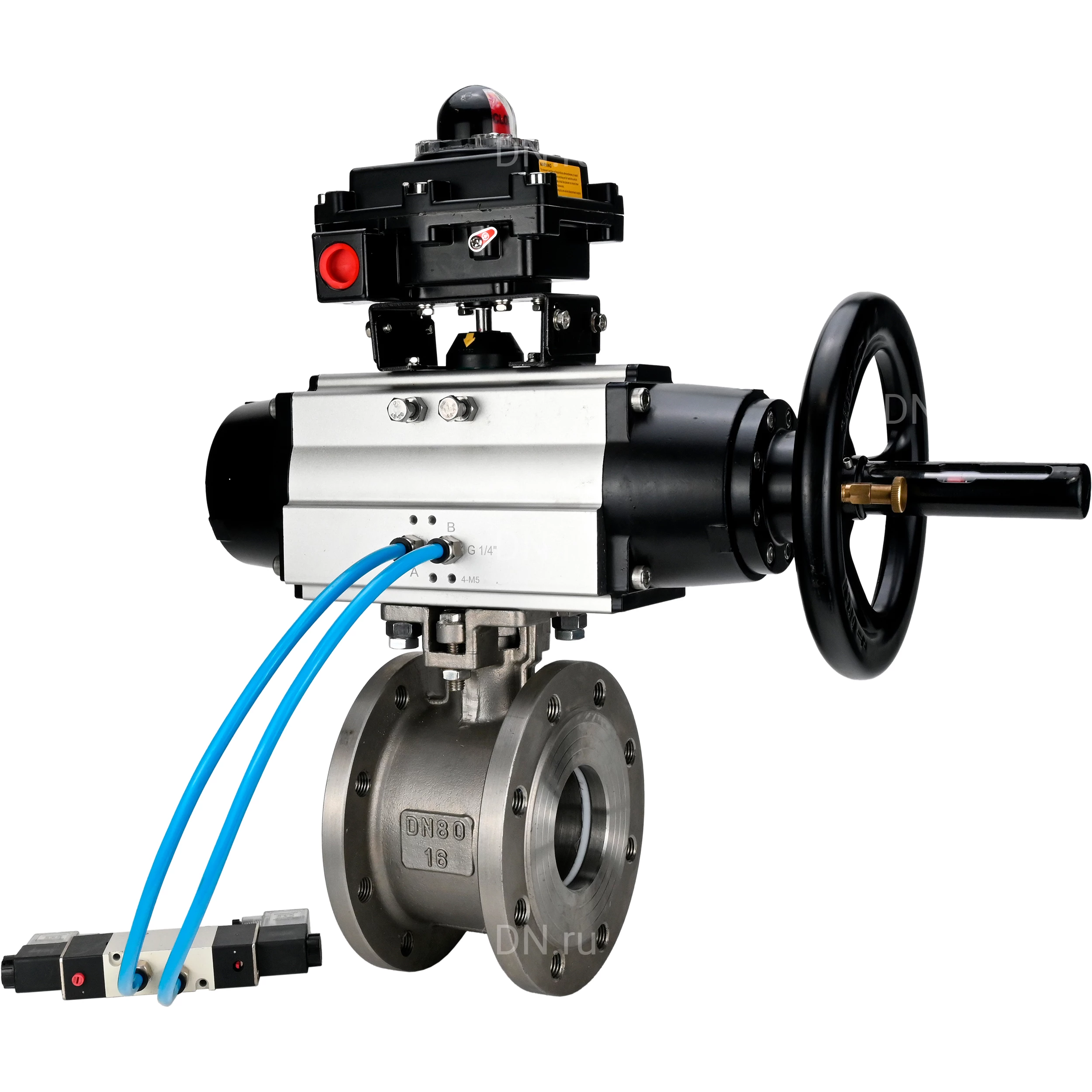 Изображение товара Кран шаровой DN.ru BV3232P-FP-Fb-ISO-H Ду80 Ру16, нержавеющая сталь SS316, PTFE, пневмопривод