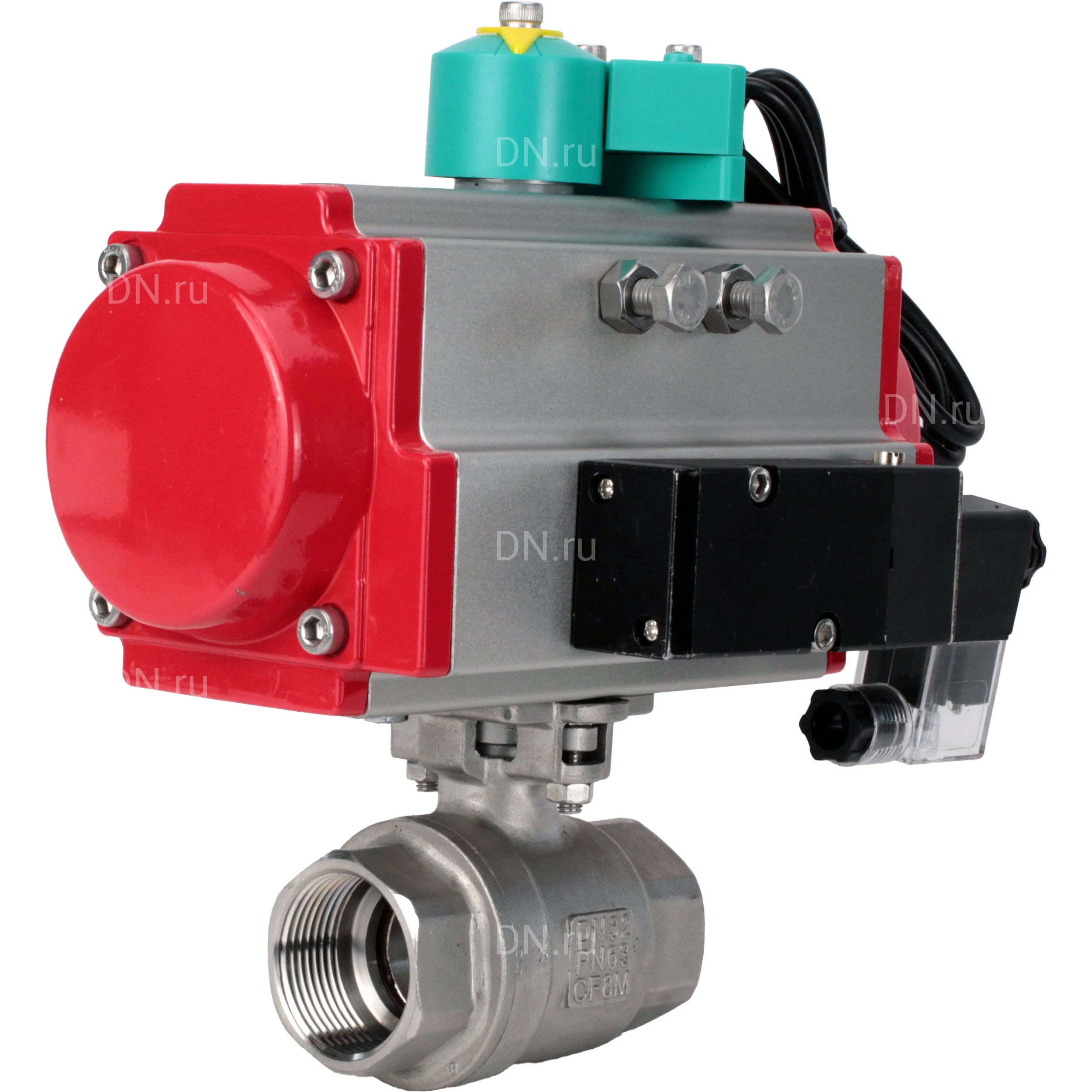 Кран шаровой DN.ru BV3232P(2pc)-FP-T-ISO-H Ду100 Ру40 полнопроходной, внутренняя резьба, нержавеющая сталь 316, уплотнение - PTFE, с пневмоприводом PA-DA-083, пневмораспределителем 4М310-08 220В и магнитным переключателем ALS200D