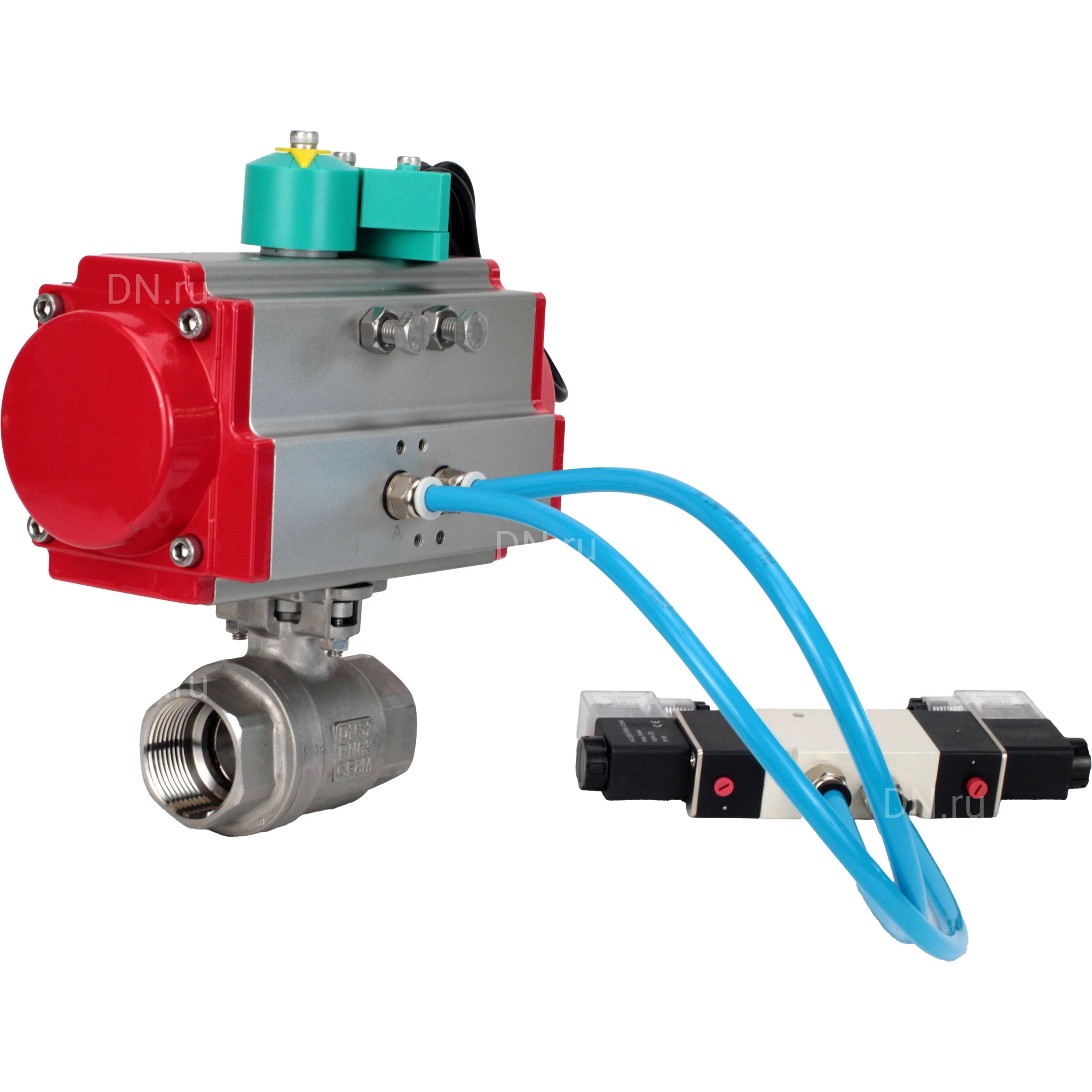 Кран шаровой DN.ru BV3232P(2pc)-FP-T-ISO-H Ду100 Ру40 полнопроходной, внутренняя резьба, нержавеющая сталь 316, уплотнение - PTFE, с пневмоприводом PA-DA-083, пневмораспределителем 4V320-10 220В и магнитным переключателем ALS200D