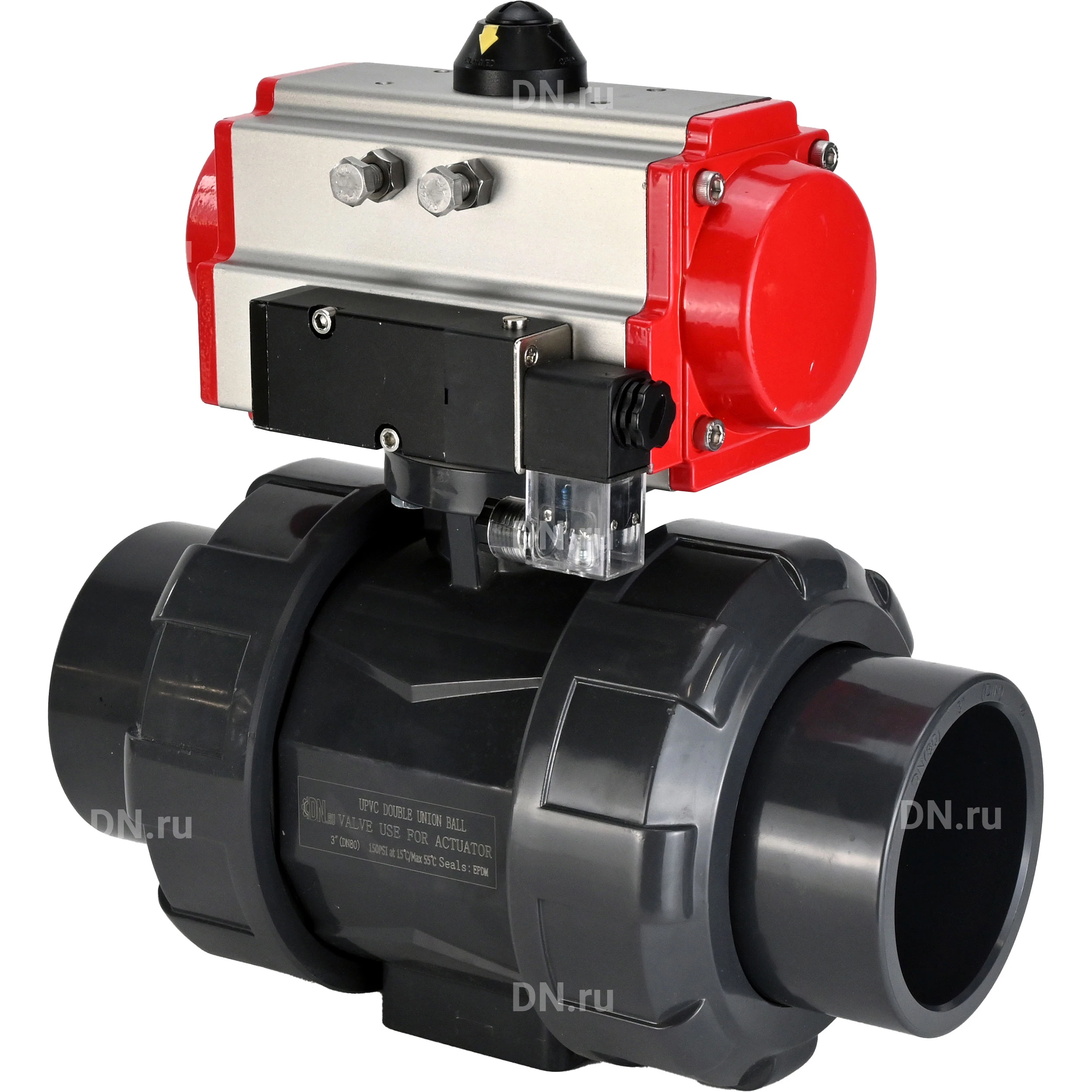 Изображение товара Кран шаровой DN.ru BV4242E-FP-GRM-ISO Дн15 Ру10 полнопроходной, корпус - НПВХ, шар - НПВХ, уплотнение - EPDM, с пневмоприводом PA-DA-052 и пневмораспределителем 4M310-08 220В
